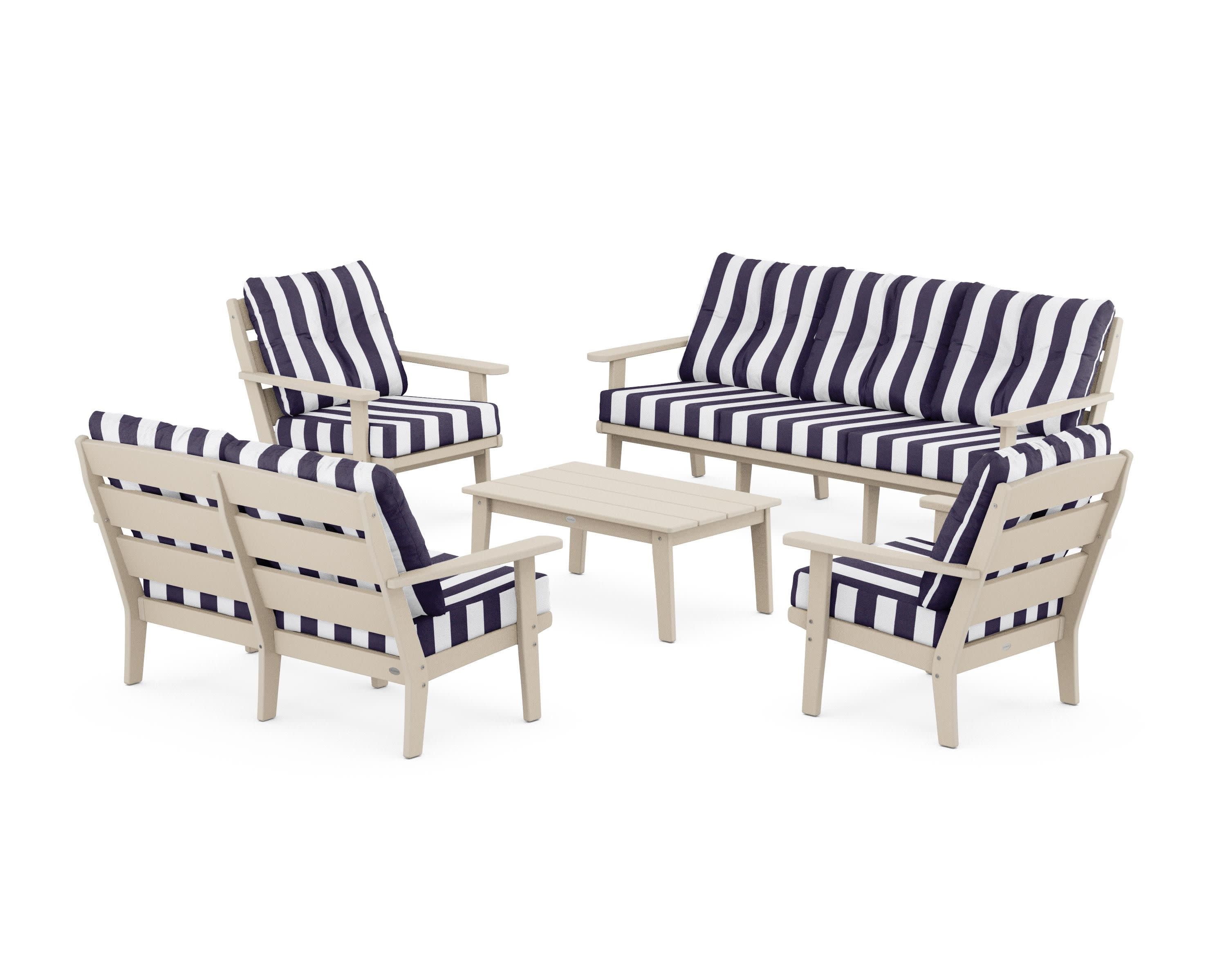 Lakeside 5-Piece Lounge Sofa Set in Sand / Cabana Stripe Navy