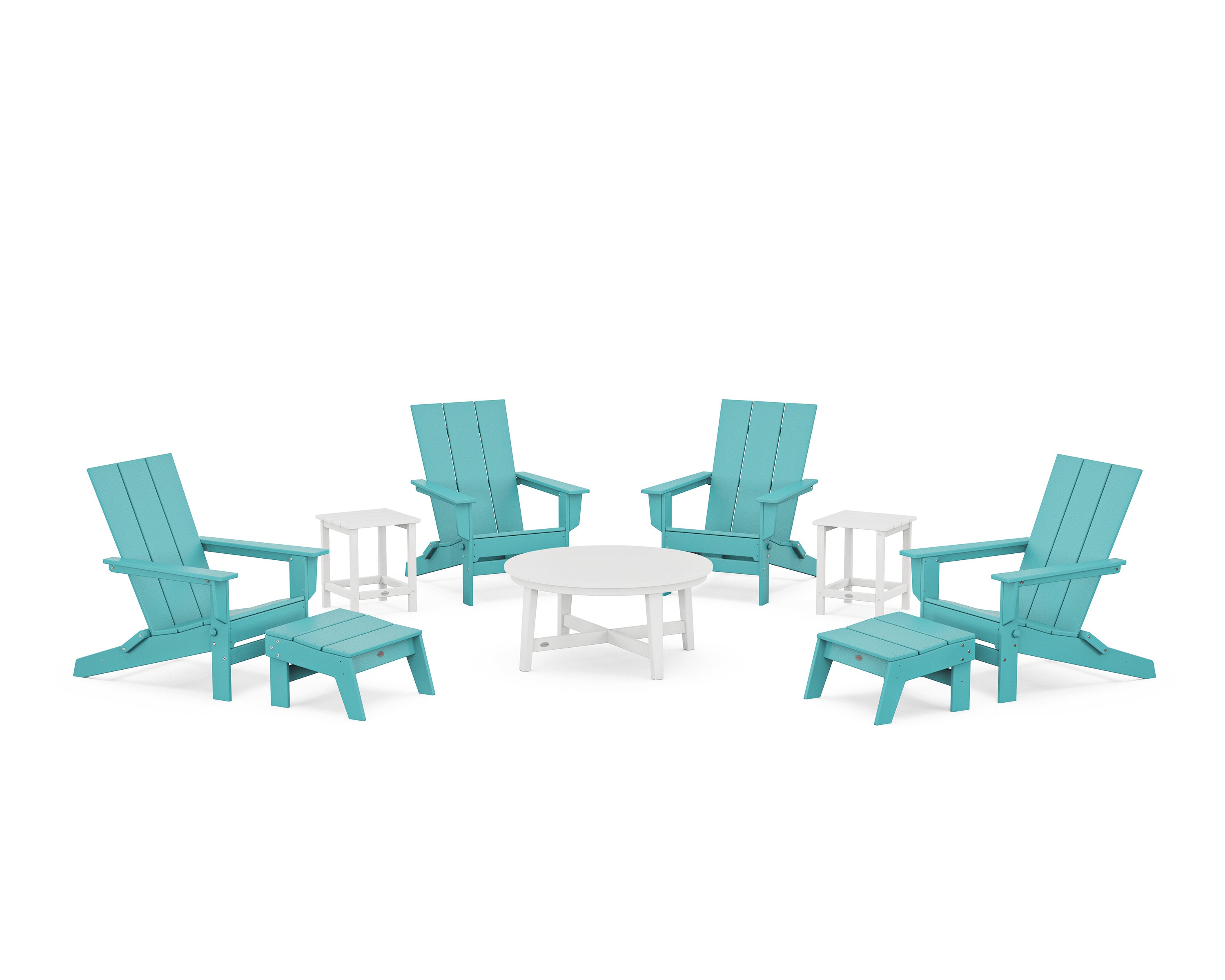 Modern Studio Folding Adirondack 9-Piece Conversation Set in Aruba / White