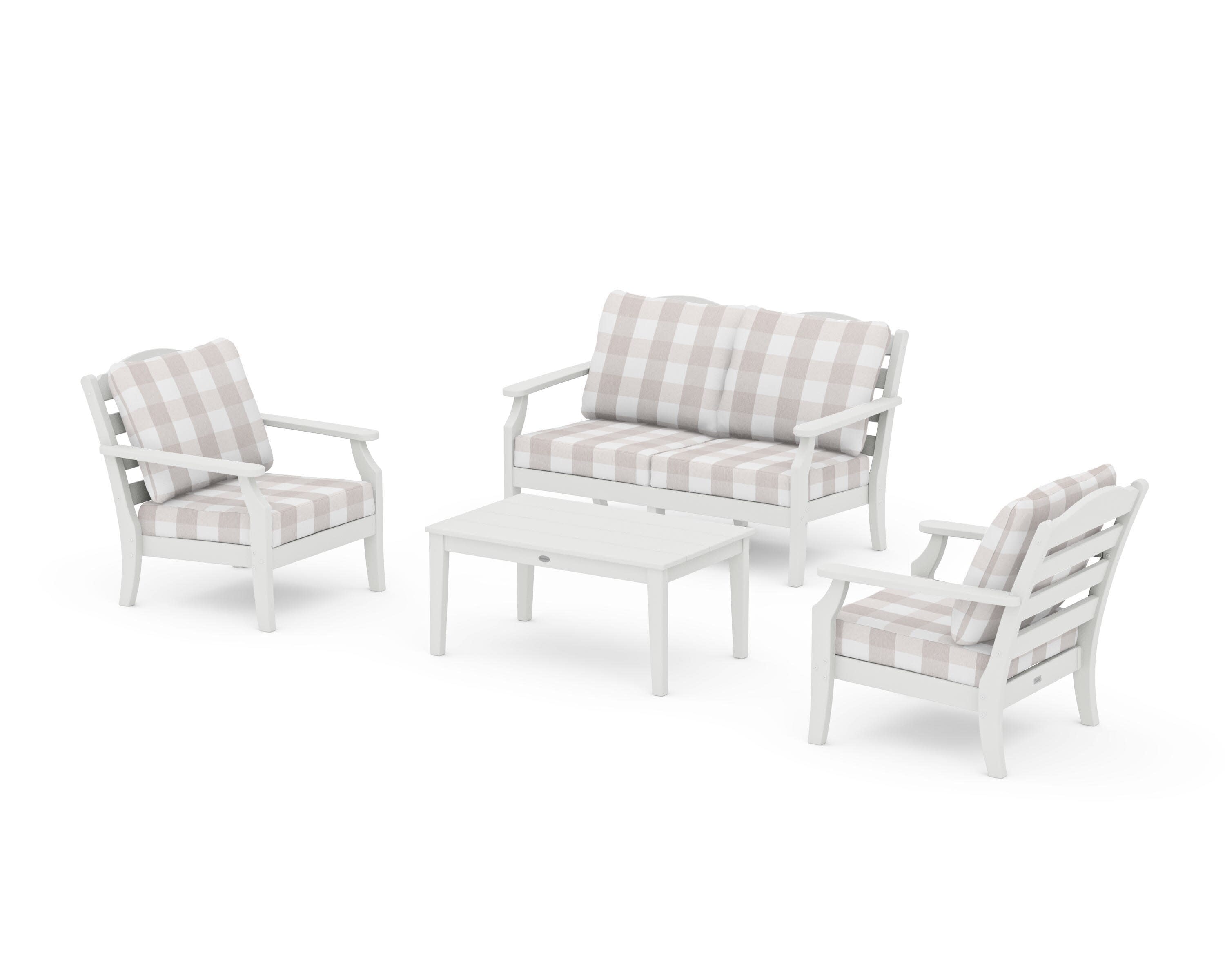 Savannah 4-Piece Deep Seating Set with Loveseat in Vintage White / Buffalo Plaid Dune Burlap