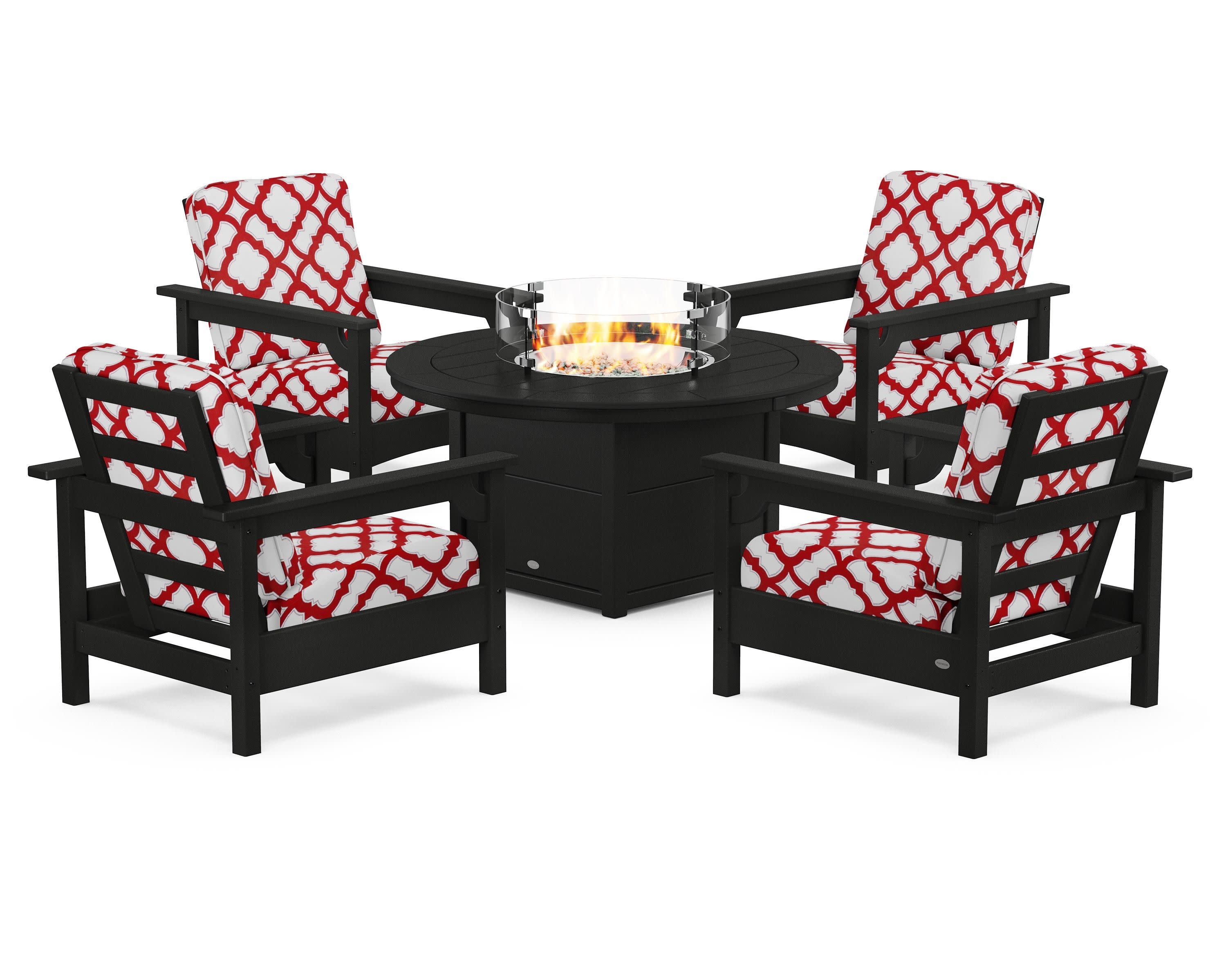 Club 5-Piece Conversation Set with Fire Pit Table in Black / Trellis Crimson