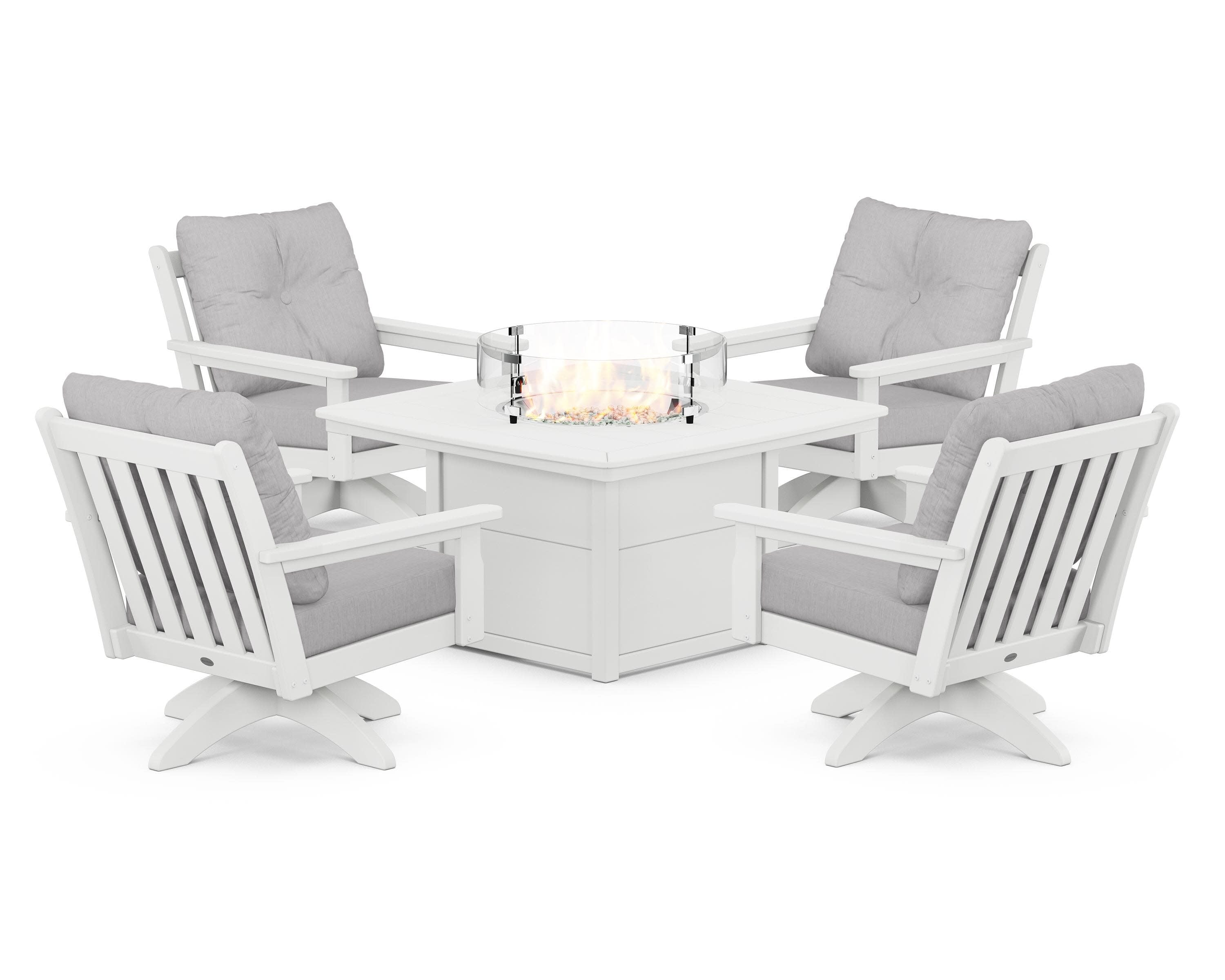 Vineyard 5-Piece Deep Seating Swivel Conversation Set with Fire Pit Table in White / Granite