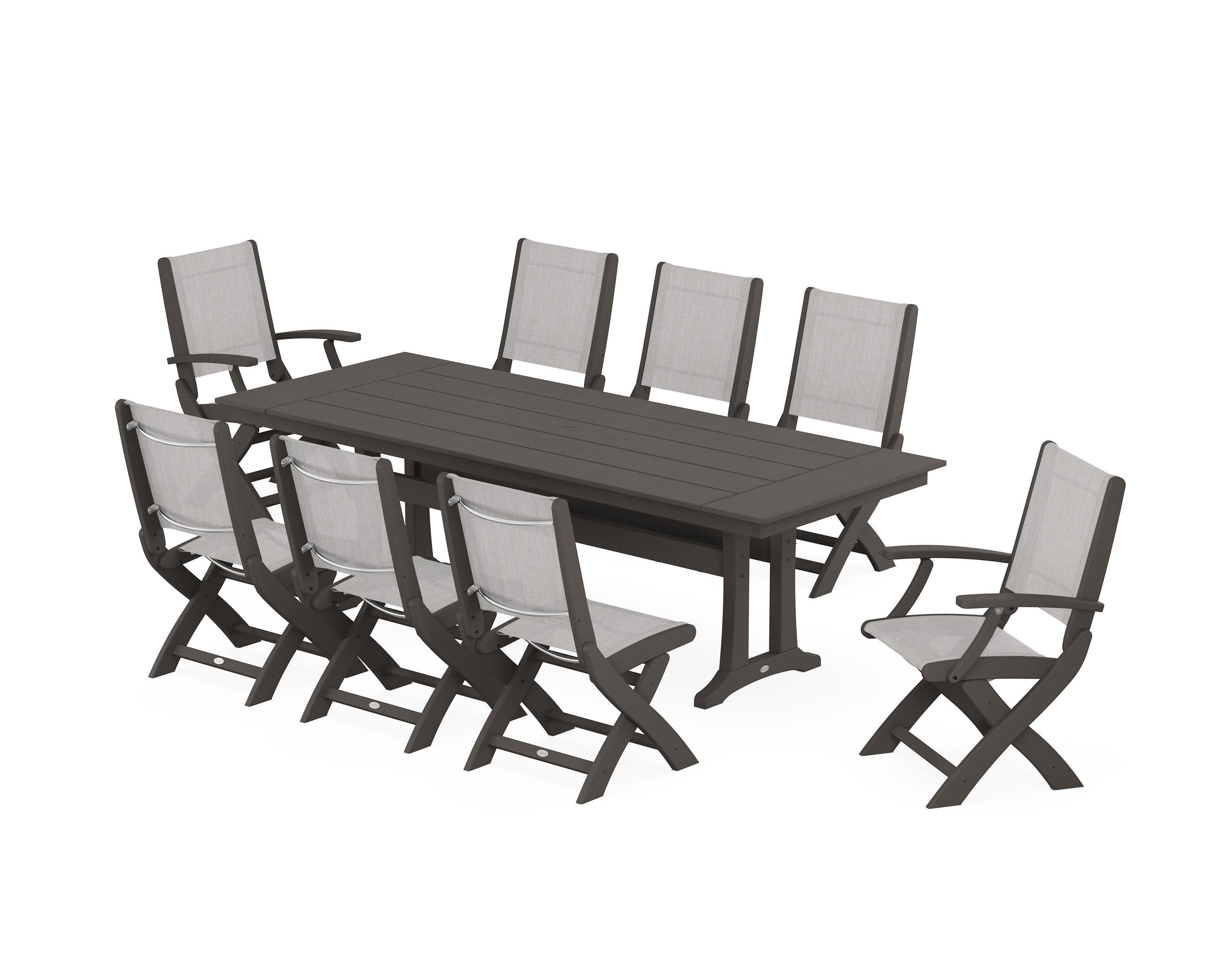 Coastal 9-Piece Folding Dining Chair Farmhouse Dining Set with Trestle Legs in Vintage Coffee / Parchment Sling