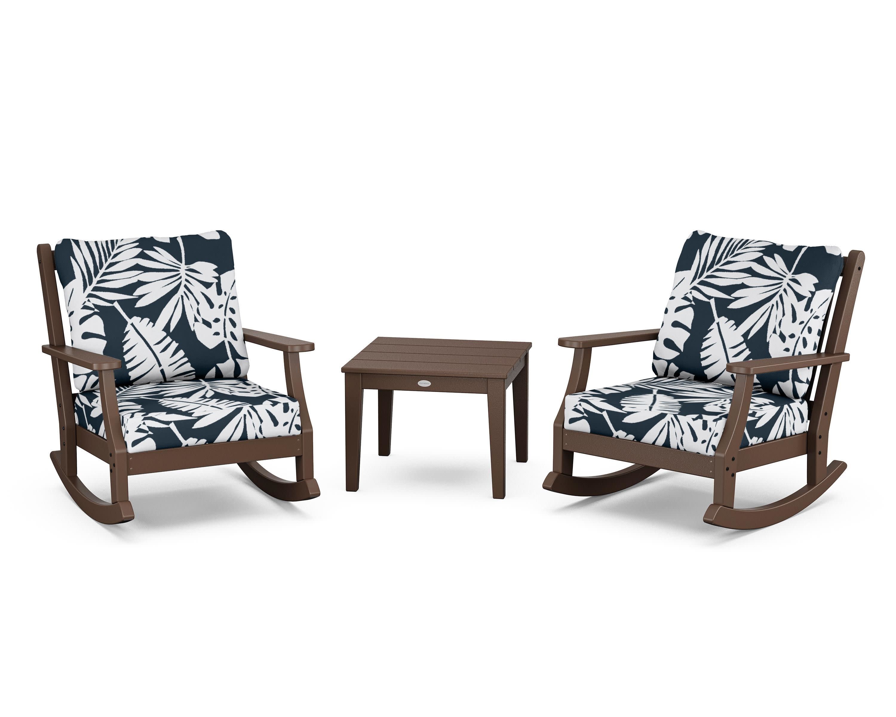 Wovendale 3-Piece Deep Seating Rocker Set in Mahogany / Leaf Marine Indigo