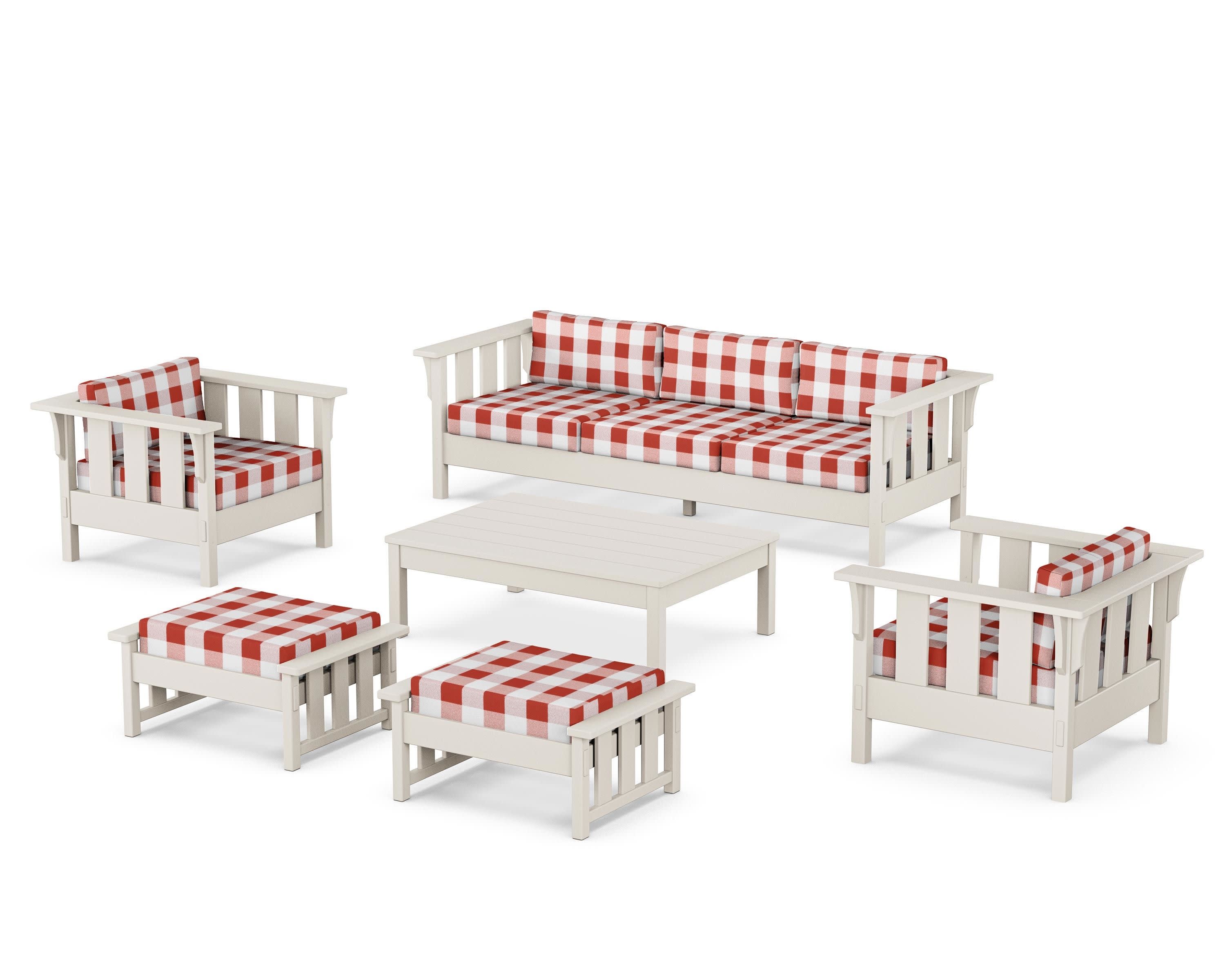 Acadia 6-Piece Lounge Sofa Set in Sand / Buffalo Plaid Crimson