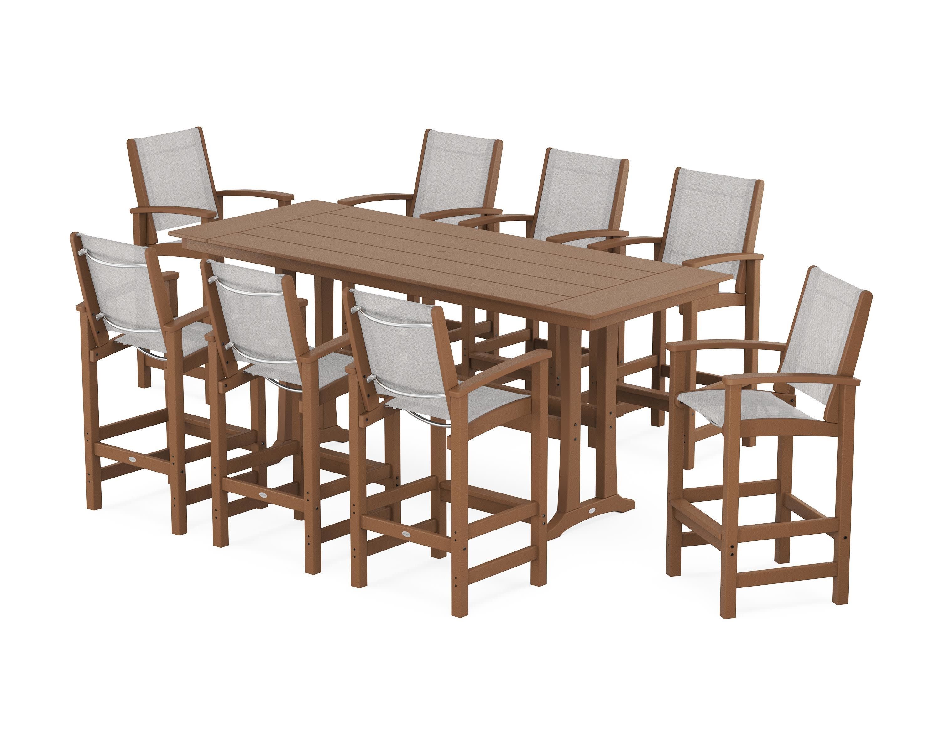 Coastal 9-Piece Farmhouse Bar Set with Trestle Legs in Teak / Parchment Sling