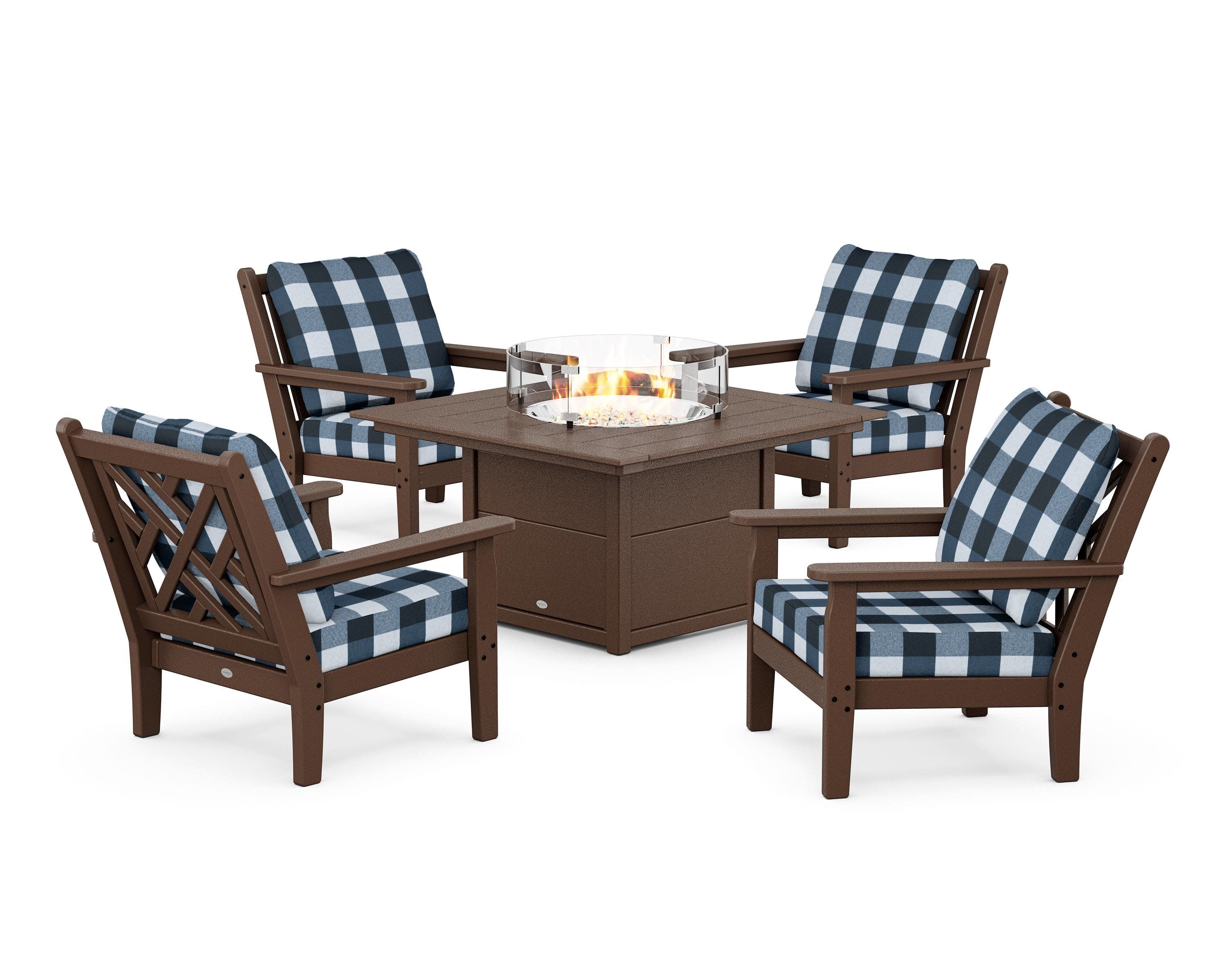 Chippendale 5-Piece Deep Seating Set with Fire Pit Table in Mahogany / Buffalo Plaid Marine Indigo