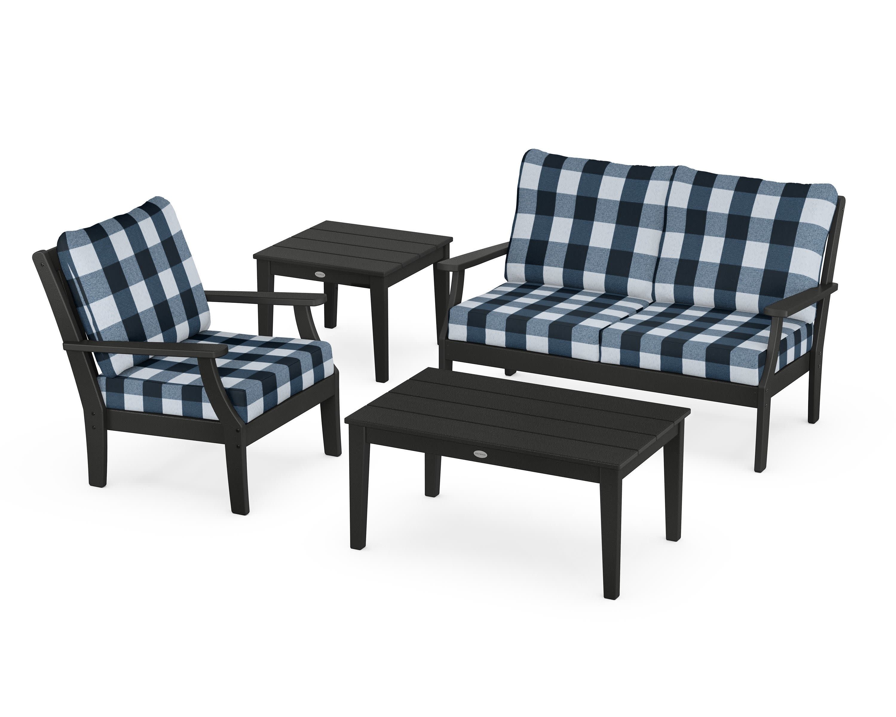 Braxton 4-Piece Deep Seating Set in Black / Buffalo Plaid Marine Indigo