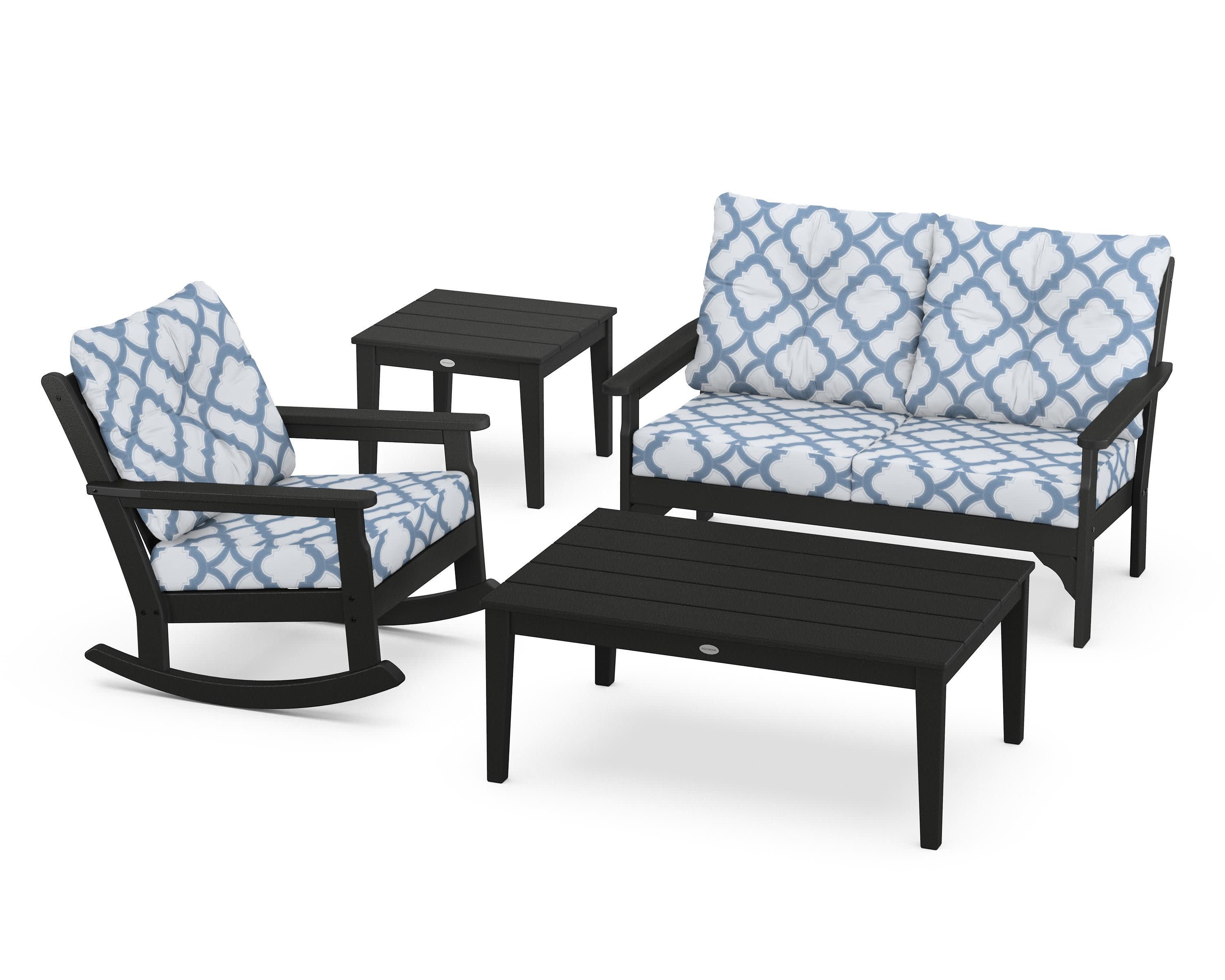 Vineyard 4-Piece Deep Seating Rocker Set in Black / Trellis Sky Blue