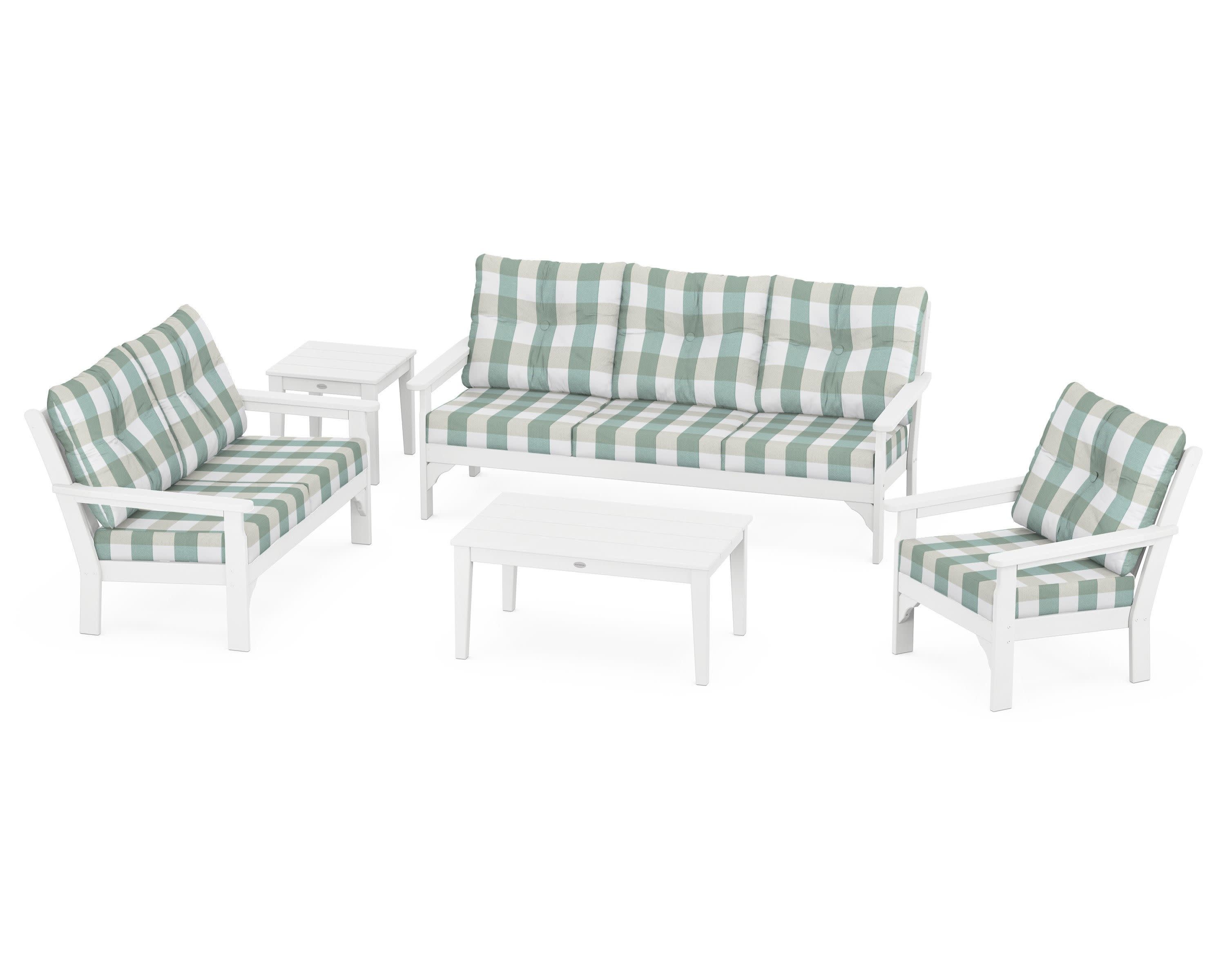 Vineyard 5 Piece Deep Seating Set in White / Buffalo Plaid Glacier Spa