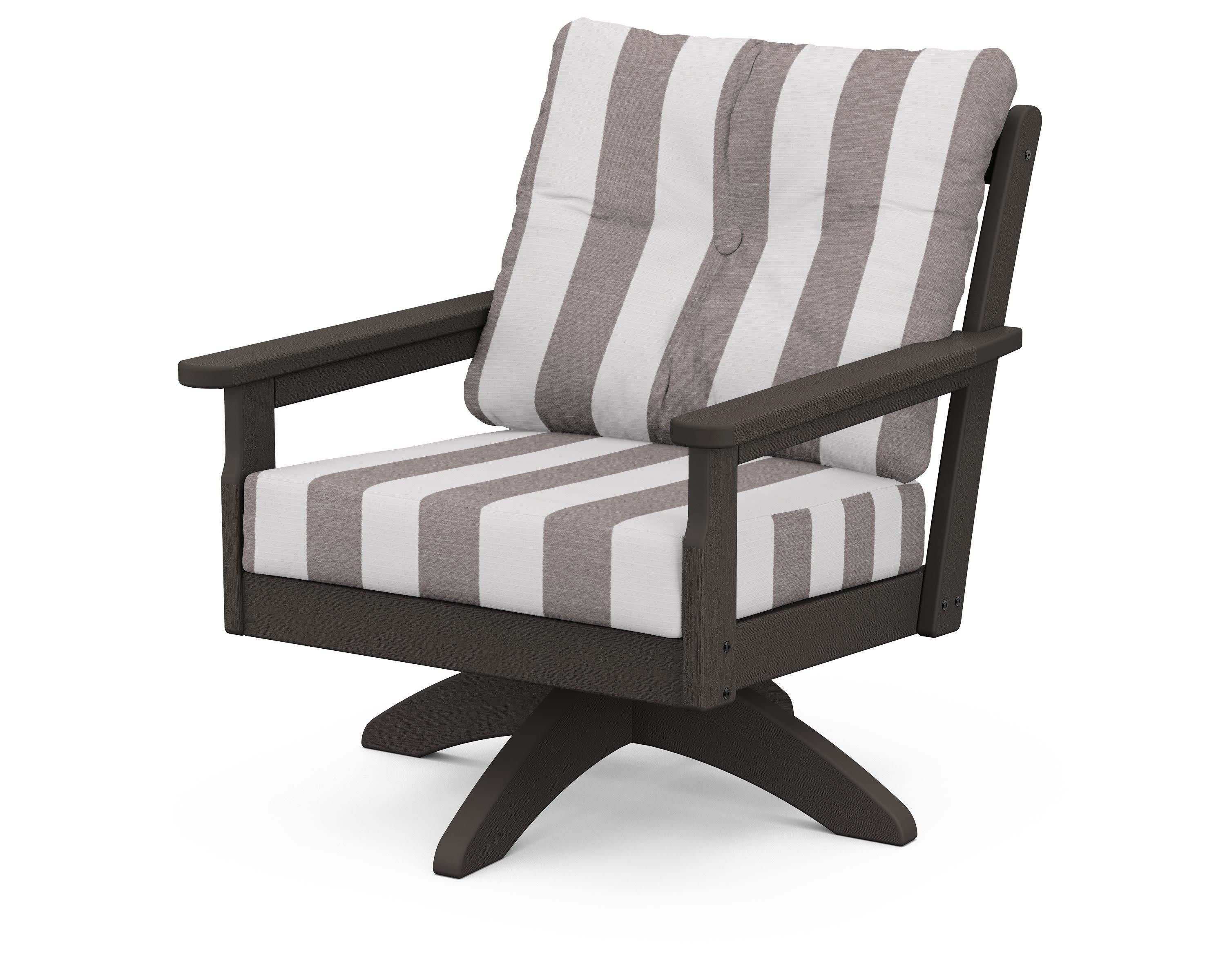 Vineyard Deep Seating Swivel Chair in Vintage Coffee / Cabana Stripe Grey Mist