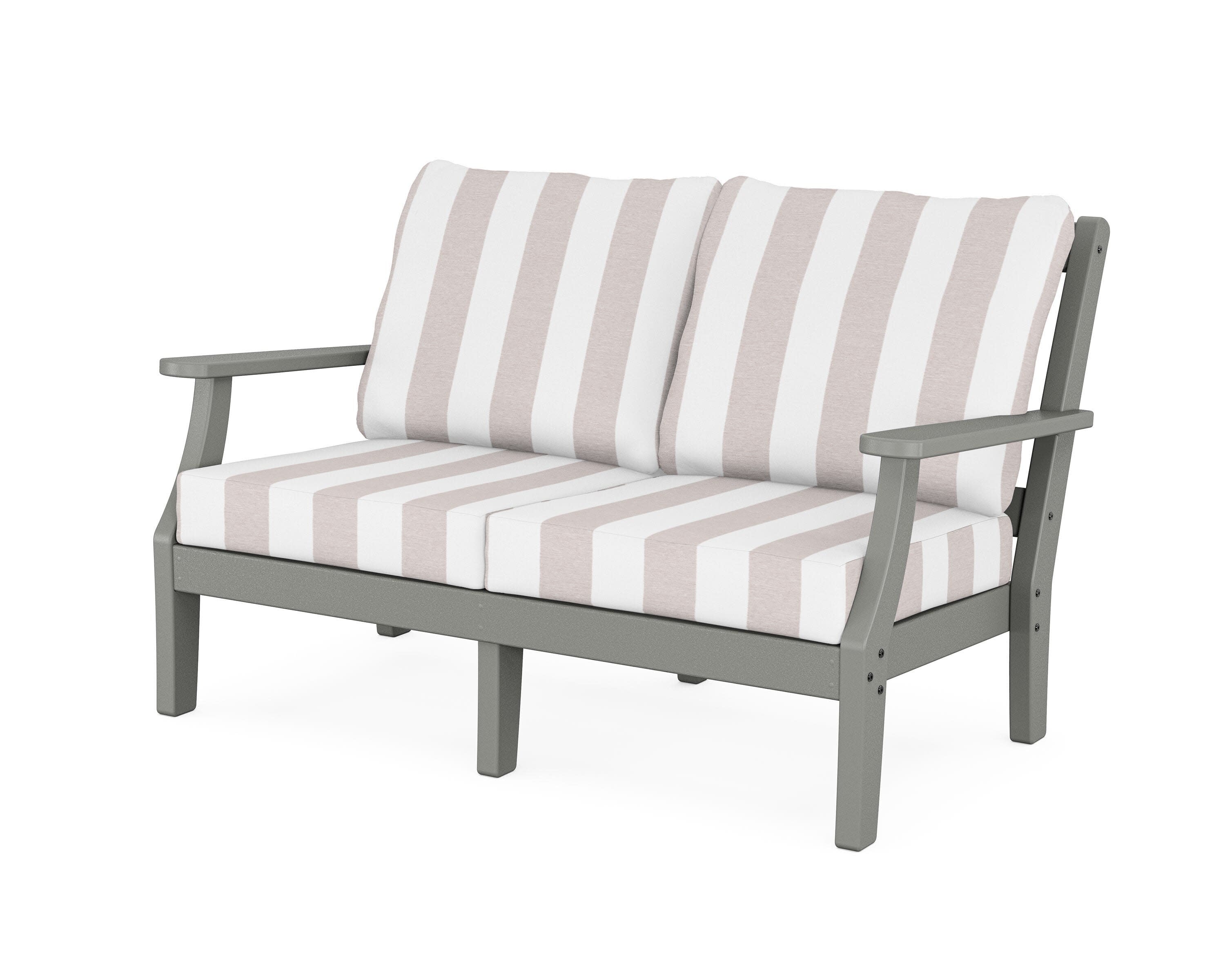 Chinoiserie Deep Seating Loveseat in Slate Grey / Cabana Stripe Dune Burlap