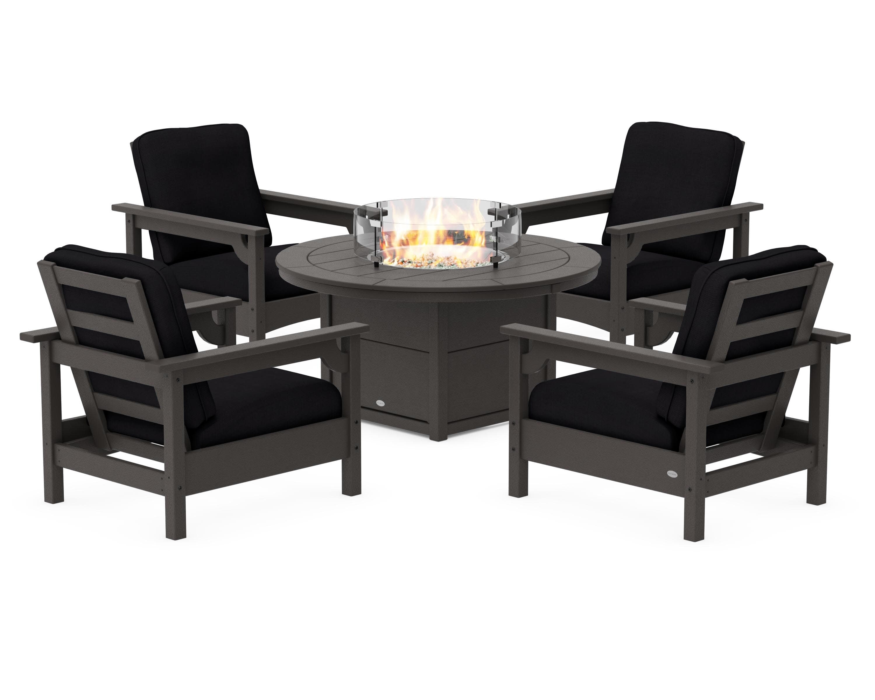 Club 5-Piece Conversation Set with Fire Pit Table in Vintage Coffee / Midnight Linen