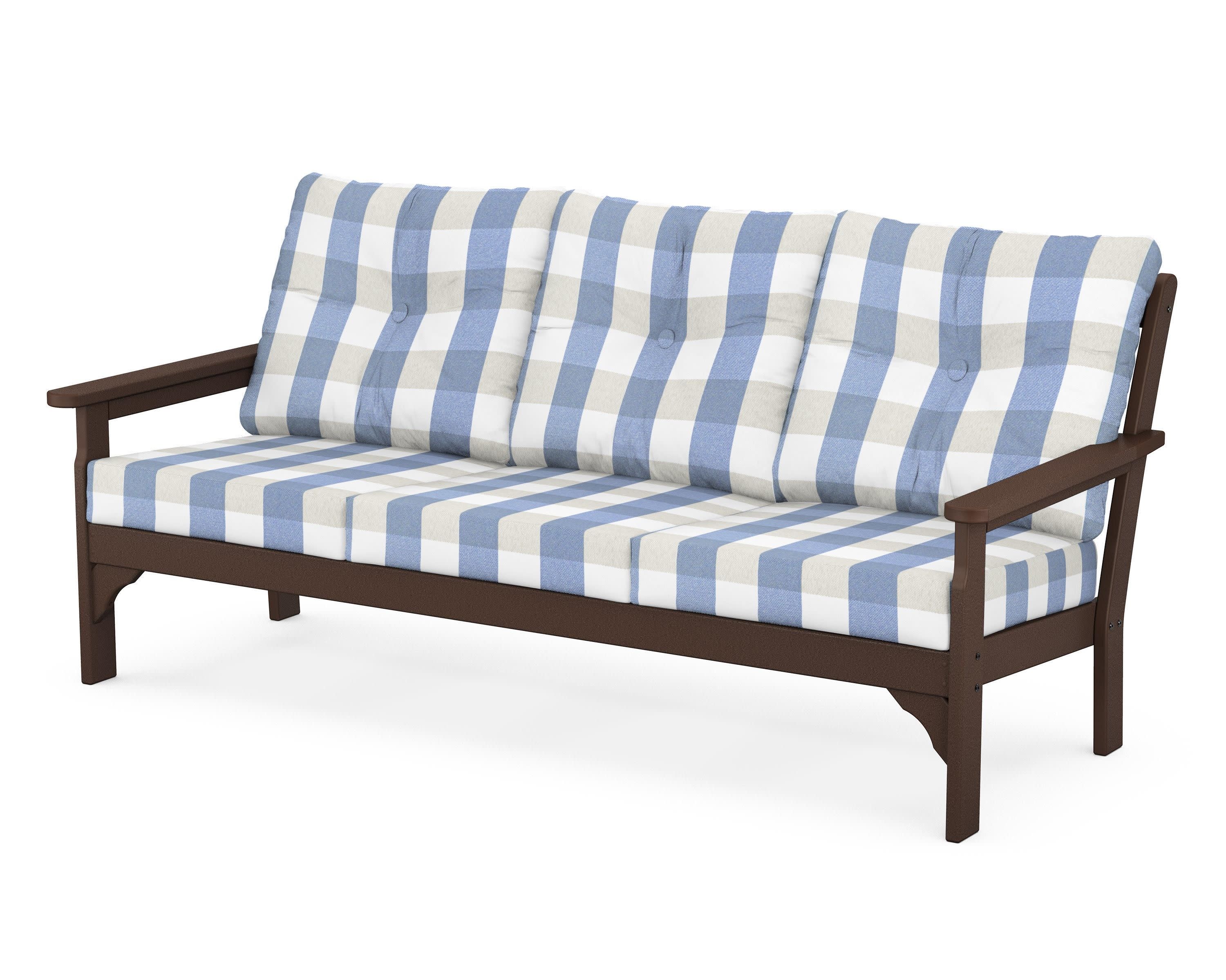 Vineyard Deep Seating Sofa in Mahogany / Buffalo Plaid Sky Blue