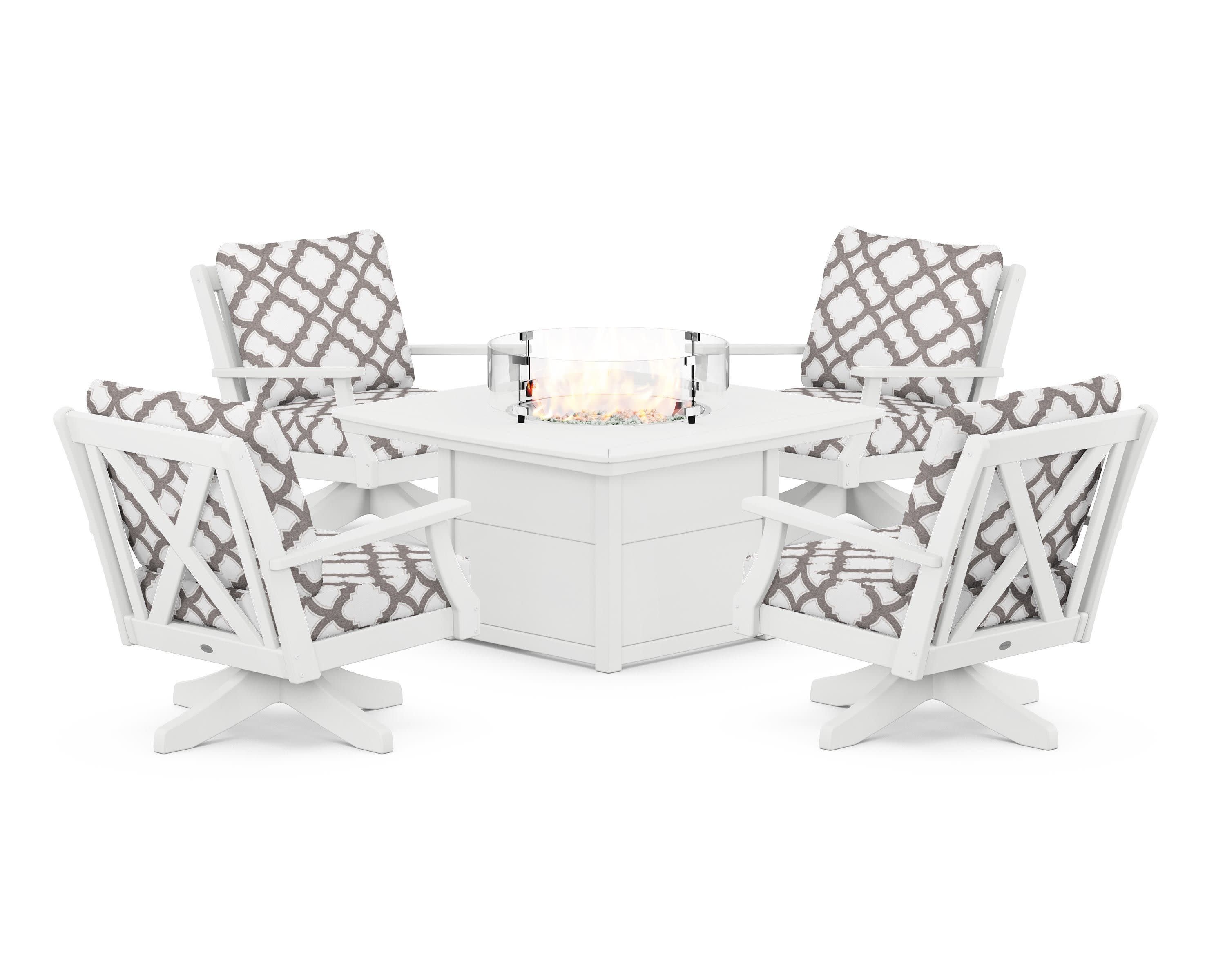 Braxton 5-Piece Deep Seating Swivel Conversation Set with Fire Pit Table in White / Trellis Grey Mist