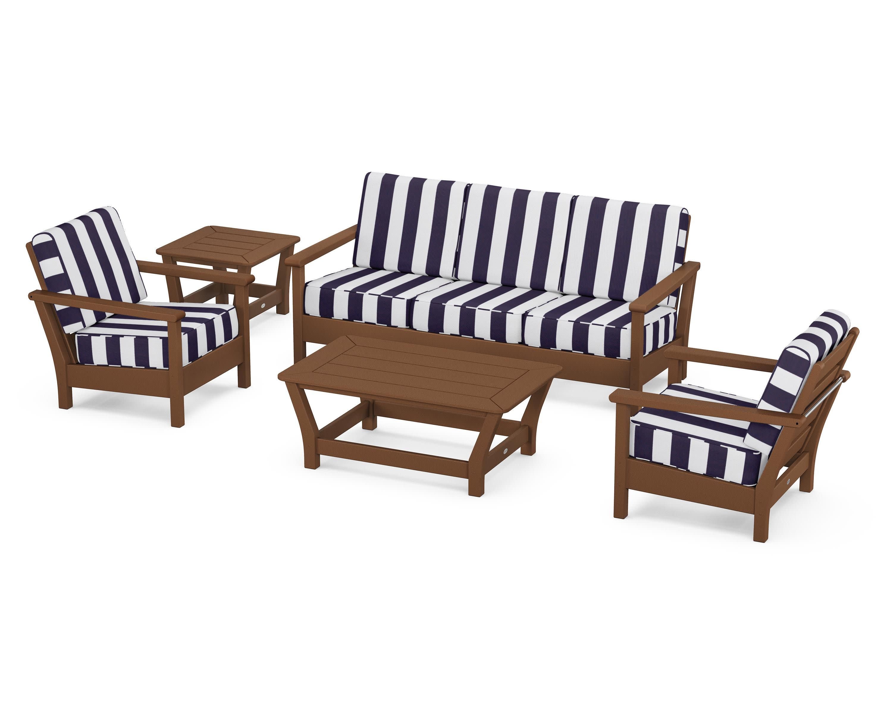 Harbour 5-Piece Deep Seating Set in Teak / Cabana Stripe Navy