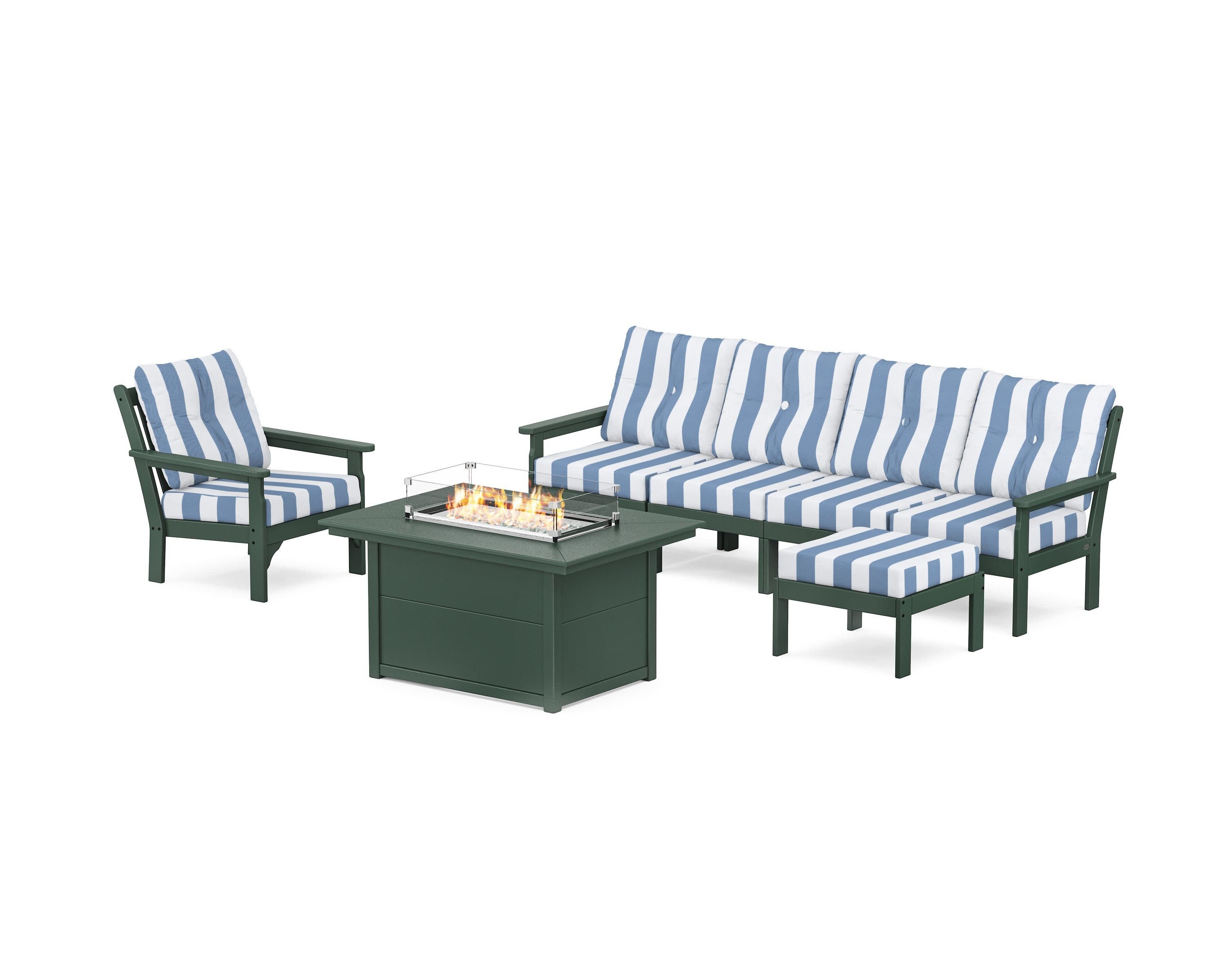 Vineyard Sectional Lounge and Fire Pit Set in Green / Cabana Stripe Sky Blue
