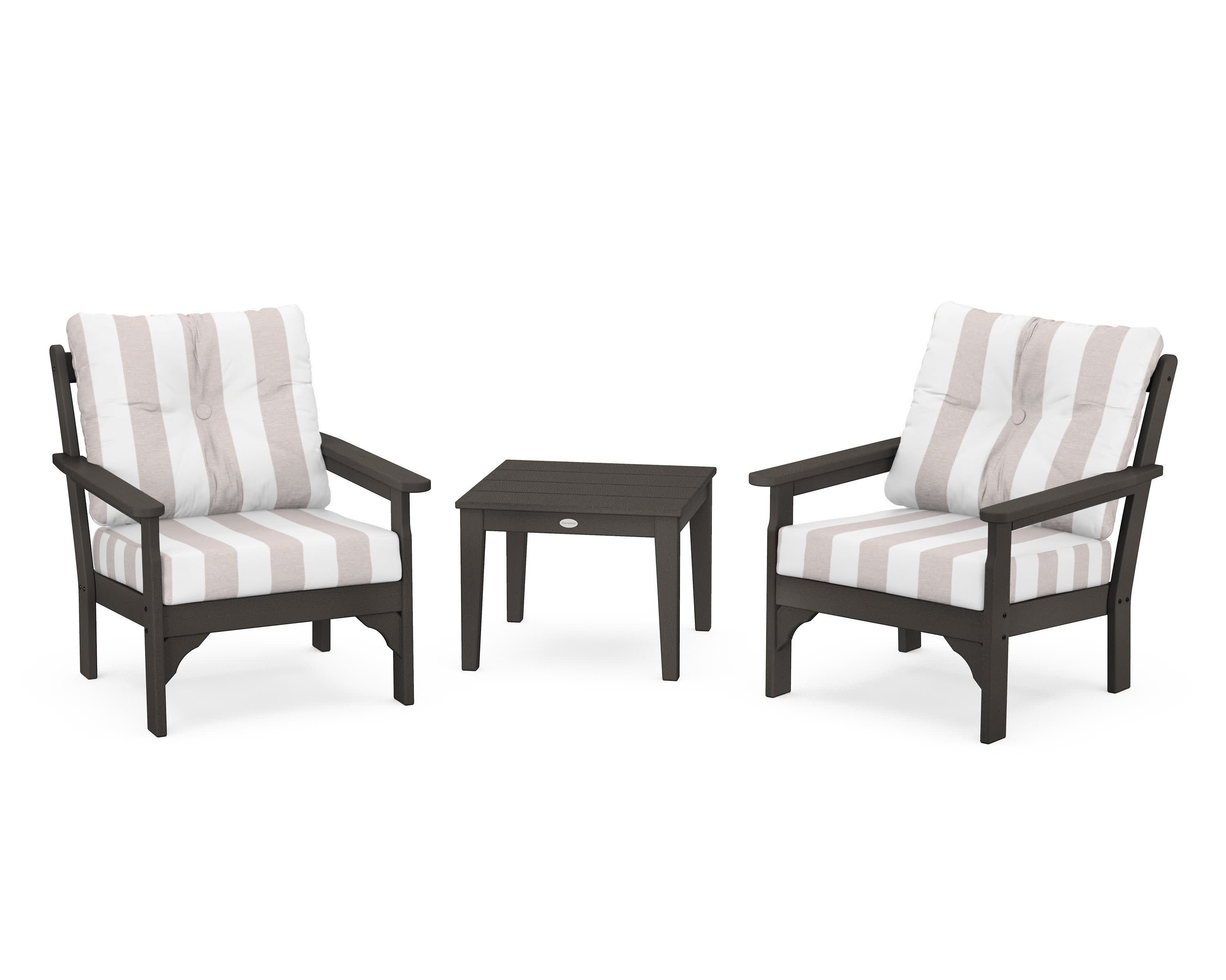 Vineyard 3-Piece Deep Seating Set in Vintage Coffee / Cabana Stripe Dune Burlap