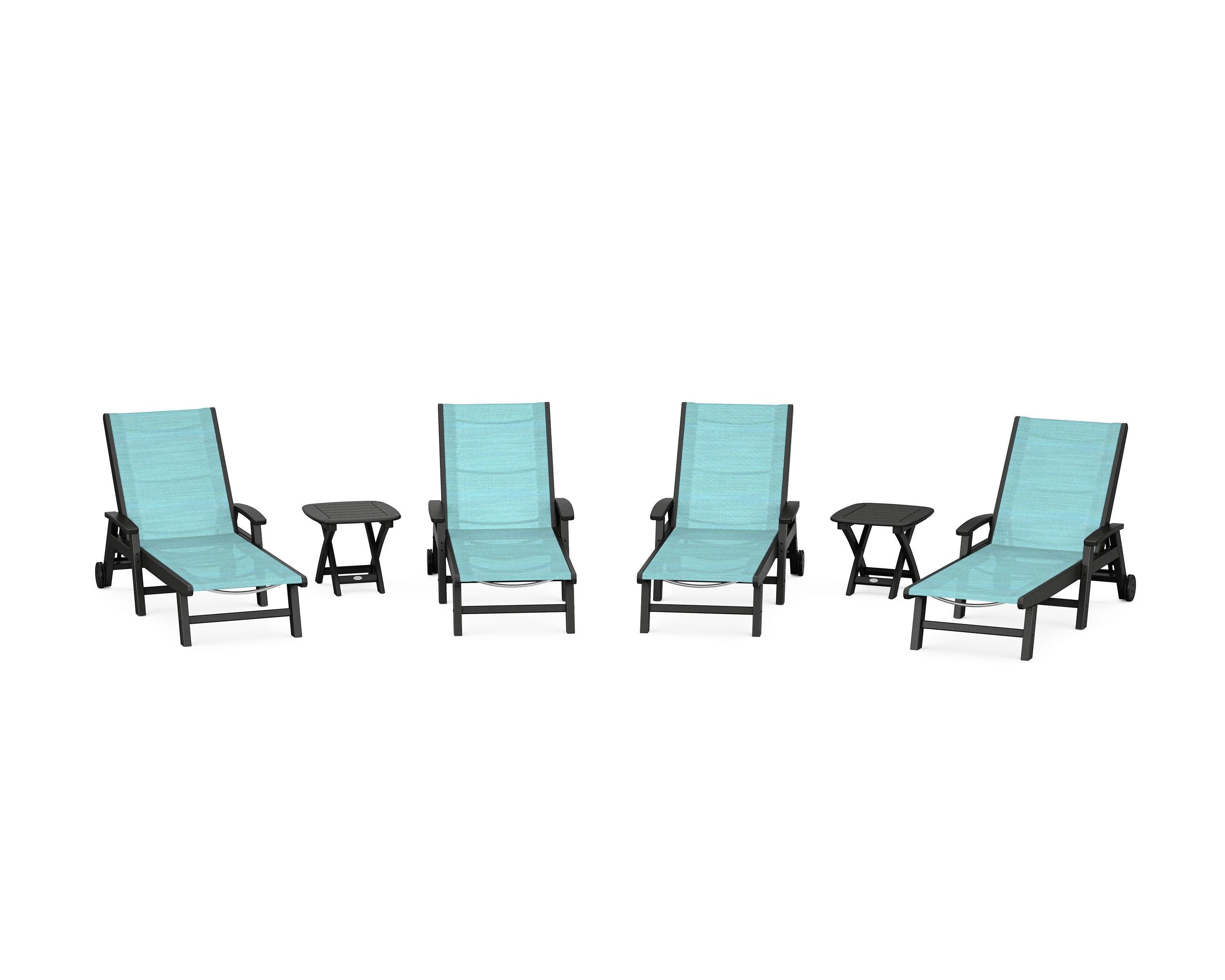 Coastal Chaise 6-Piece Set with Wheels in Black / Dupioni Aquamarine Sling