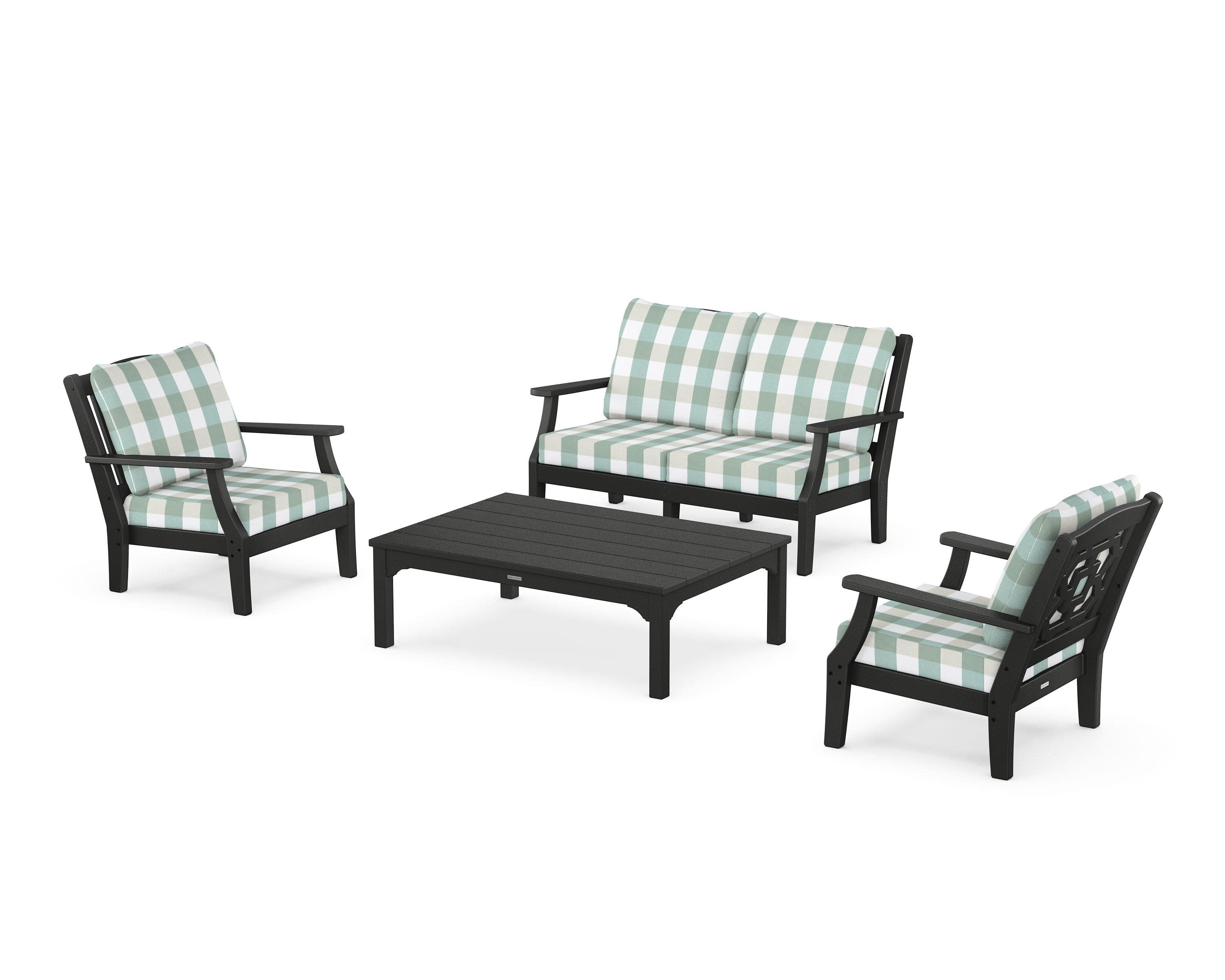 Chinoiserie 4-Piece Deep Seating Set with Loveseat in Black / Buffalo Plaid Glacier Spa