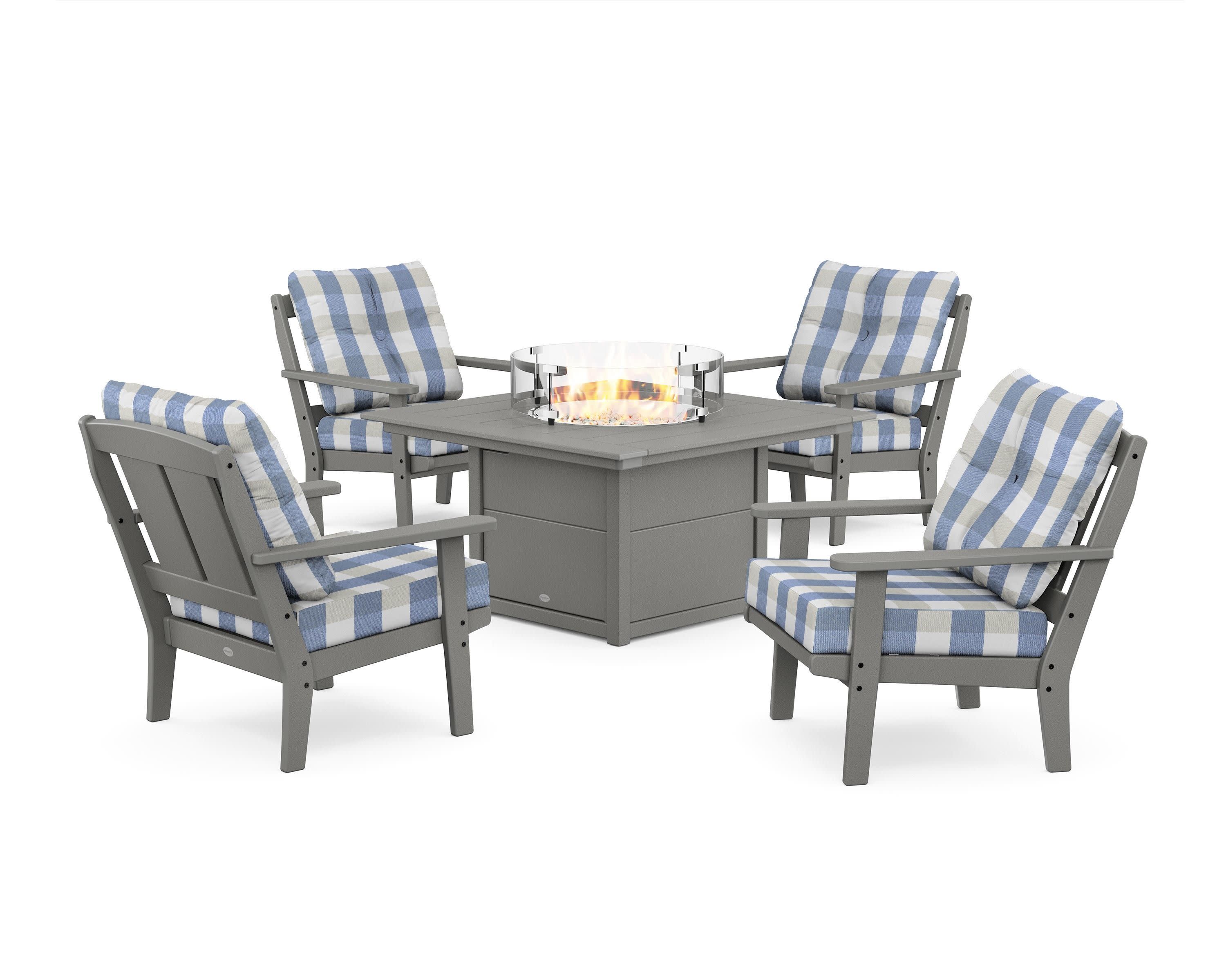 Mission 5-Piece Deep Seating Set with Fire Pit Table in Slate Grey / Buffalo Plaid Sky Blue