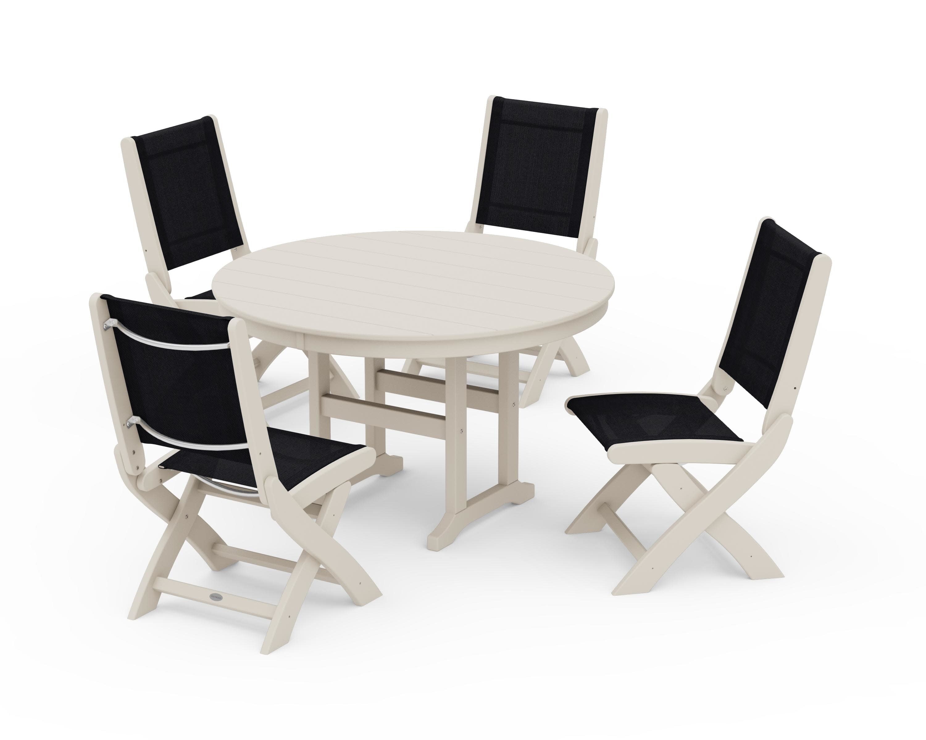 Coastal Folding Side Chair 5-Piece Round Dining Set in Sand / Black Sling