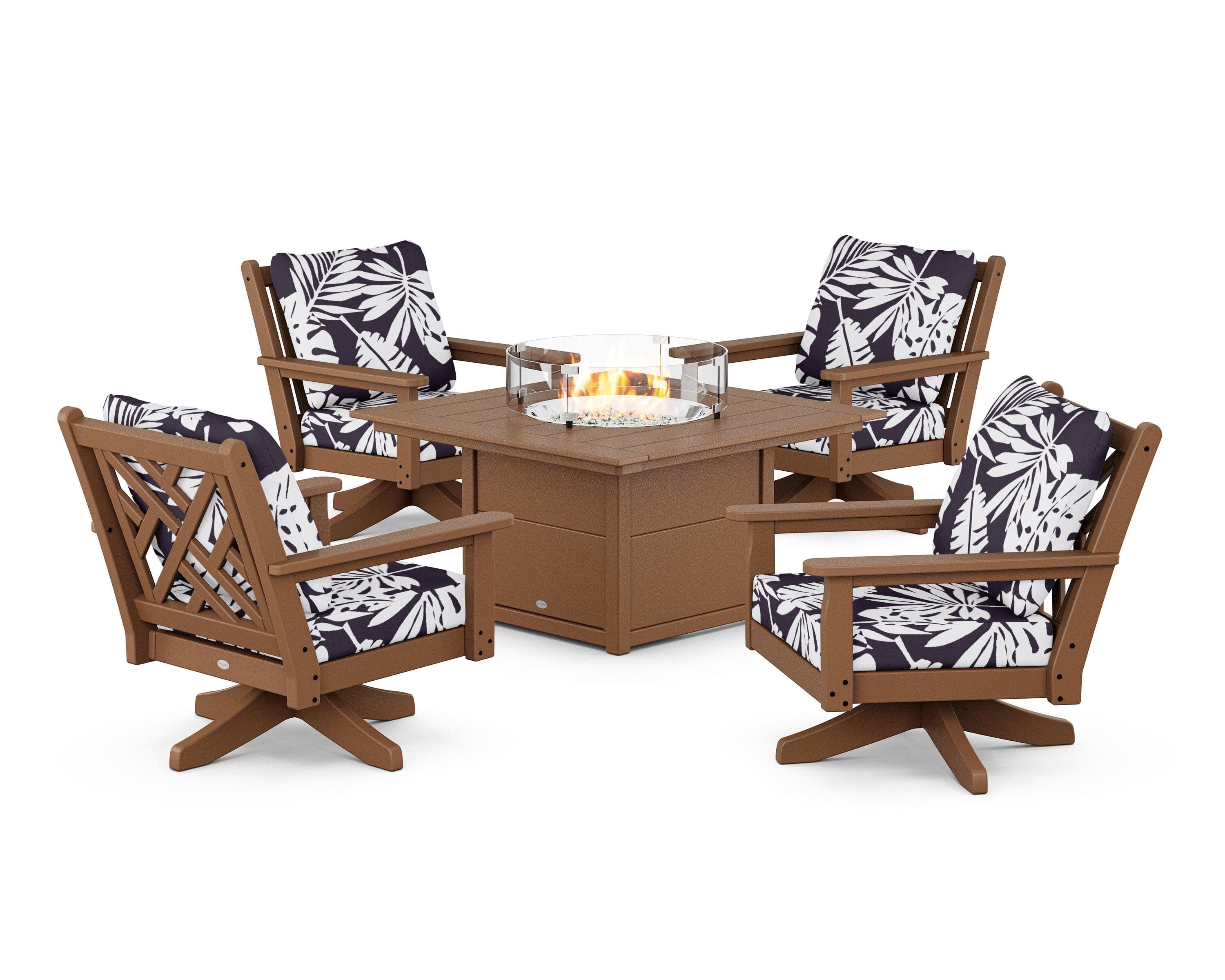 Chippendale 5-Piece Deep Seating Swivel Conversation Set with Fire Pit Table in Teak / Leaf Navy
