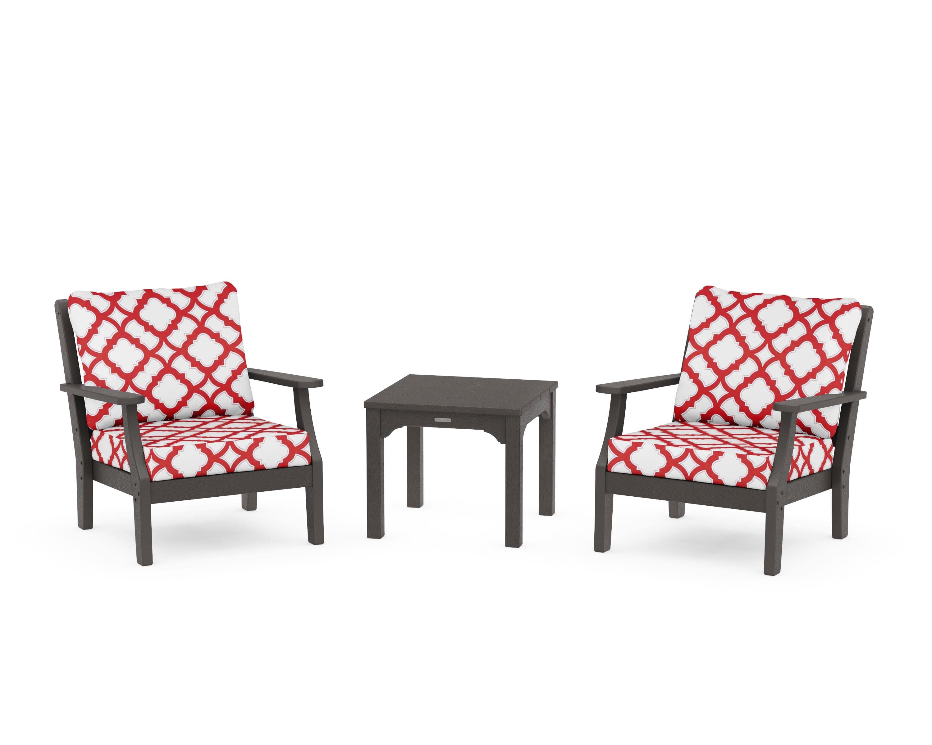 Chinoiserie 3-Piece Deep Seating Set in Vintage Coffee / Trellis Crimson