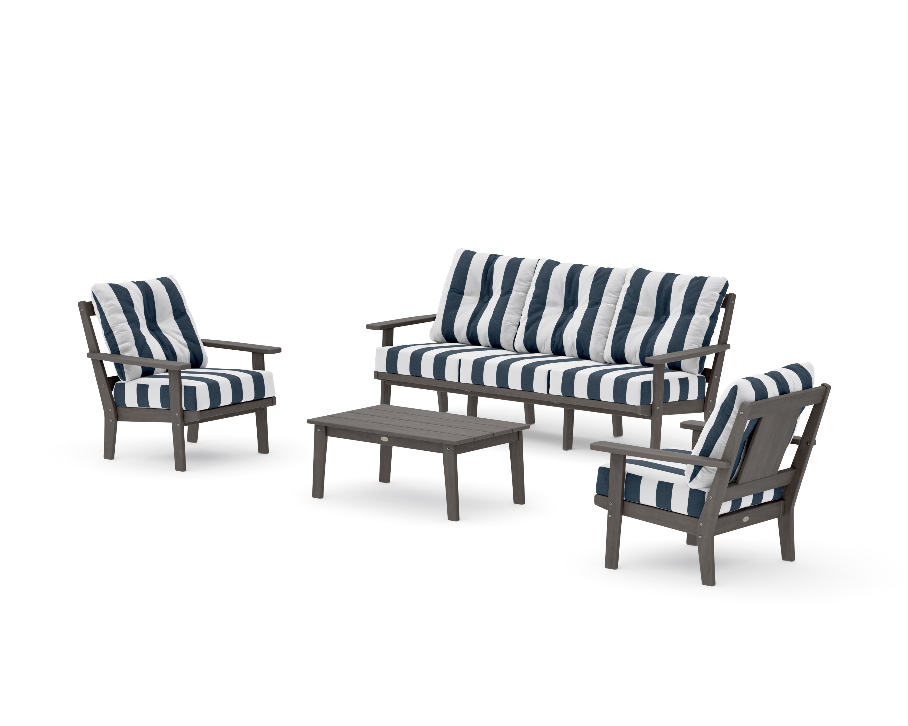 Prairie 4-Piece Deep Seating Set with Sofa in Driftwood / Cabana Stripe Marine Indigo