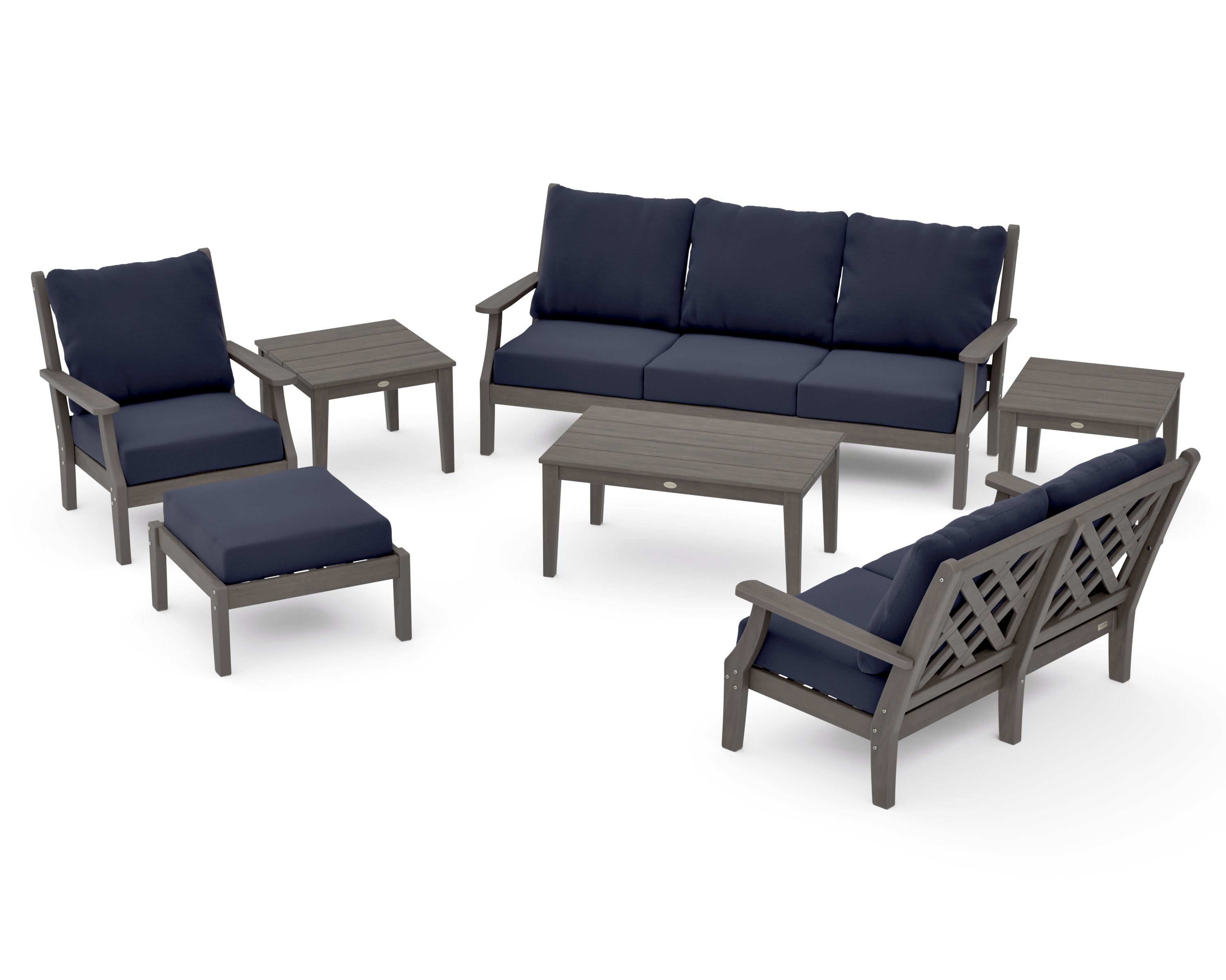 Wovendale 7-Piece Deep Seating Set in Driftwood / Navy Linen