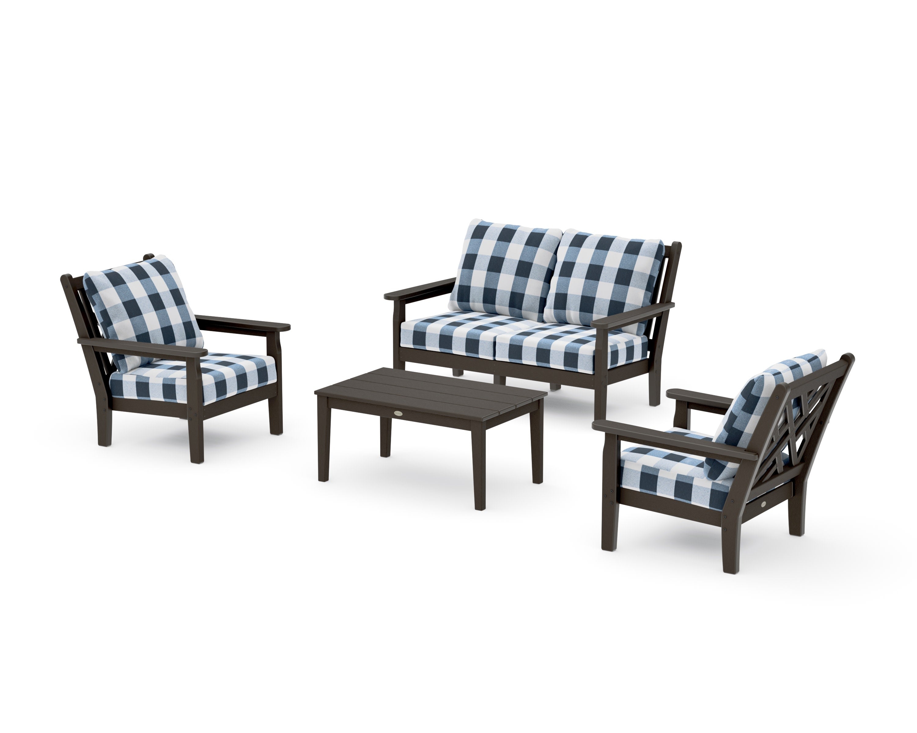Chippendale 4-Piece Deep Seating Set with Loveseat in Vintage Coffee / Buffalo Plaid Marine Indigo