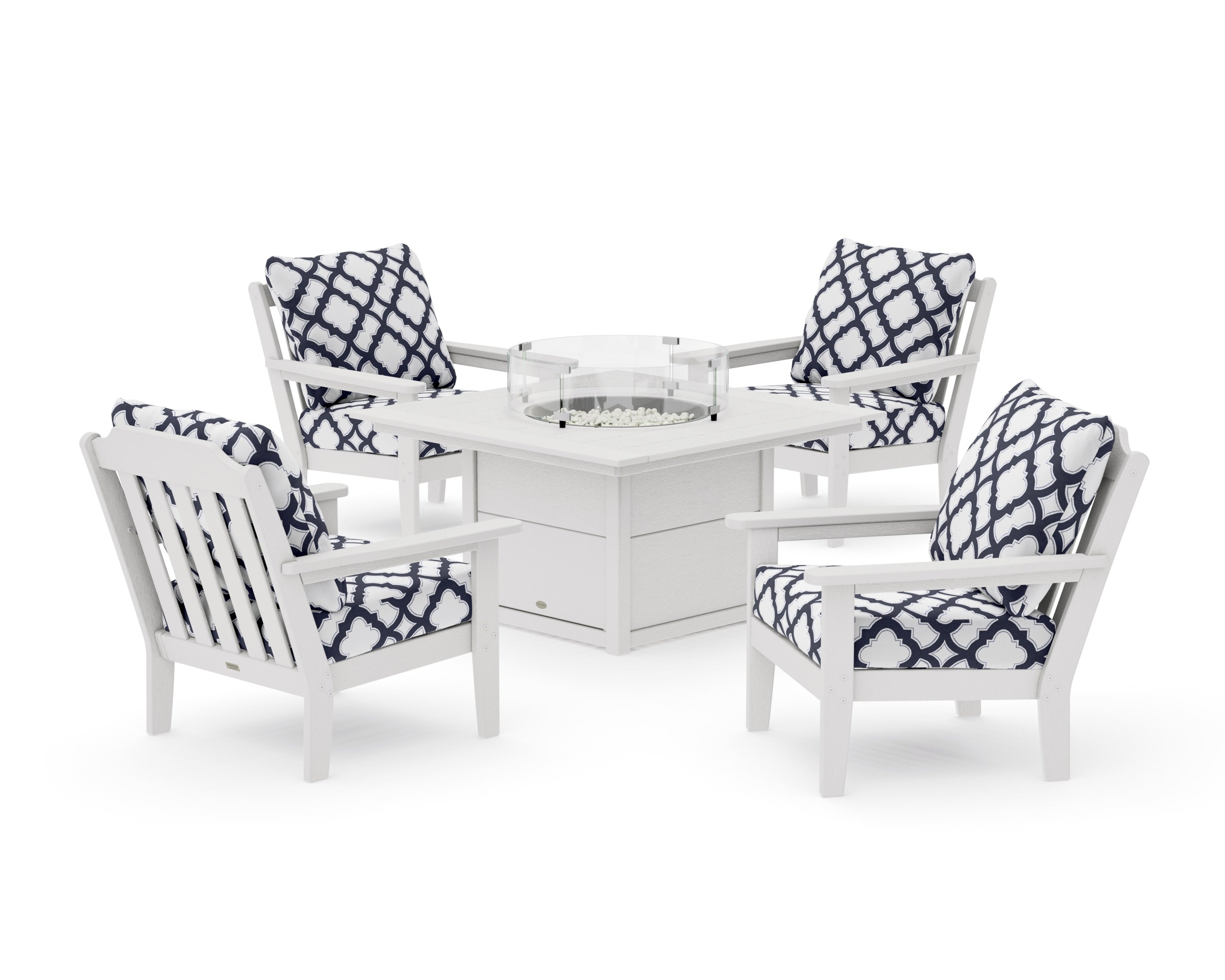 Cottage 5-Piece Deep Seating Set with Fire Pit Table in Vintage White / Trellis Navy