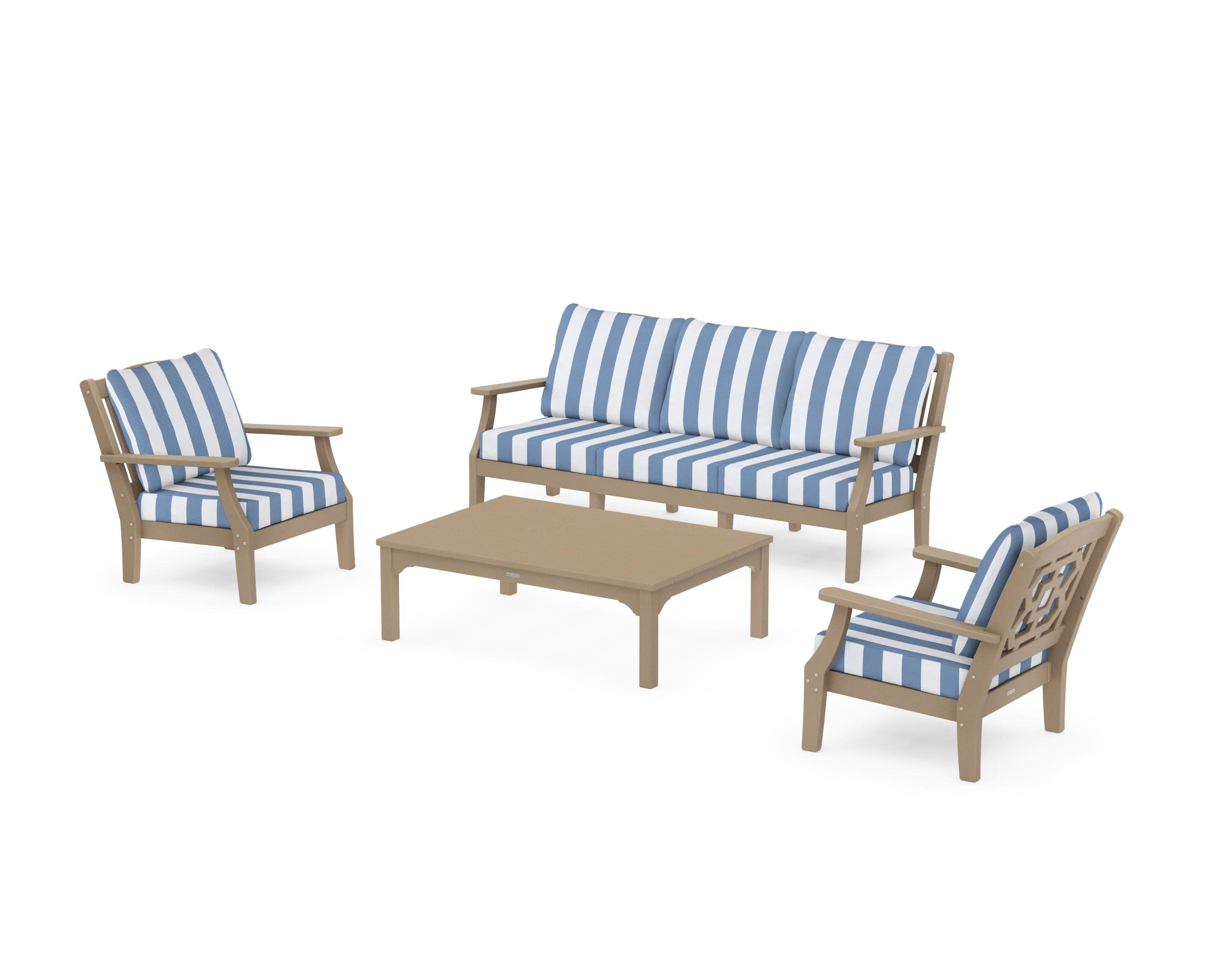Chinoiserie 4-Piece Deep Seating Set with Sofa in Vintage Sahara / Cabana Stripe Sky Blue