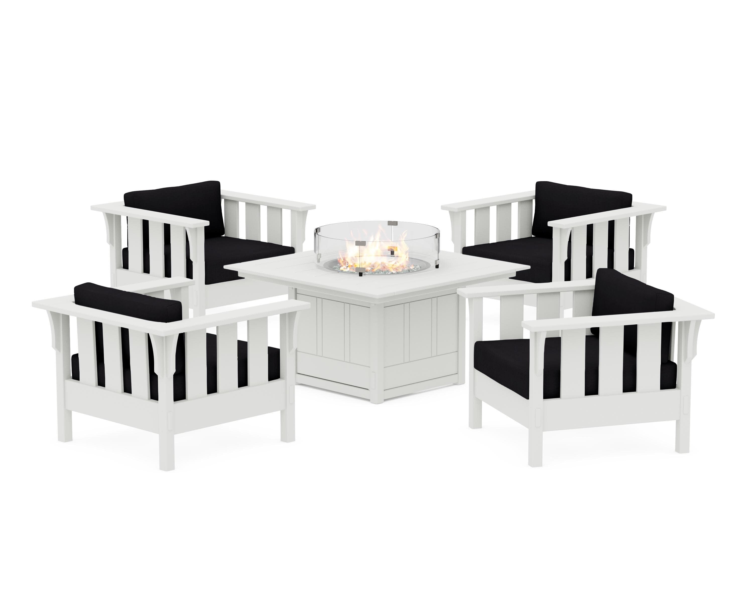 Acadia 5-Piece Deep Seating Set with Fire Pit Table in White / Midnight Linen