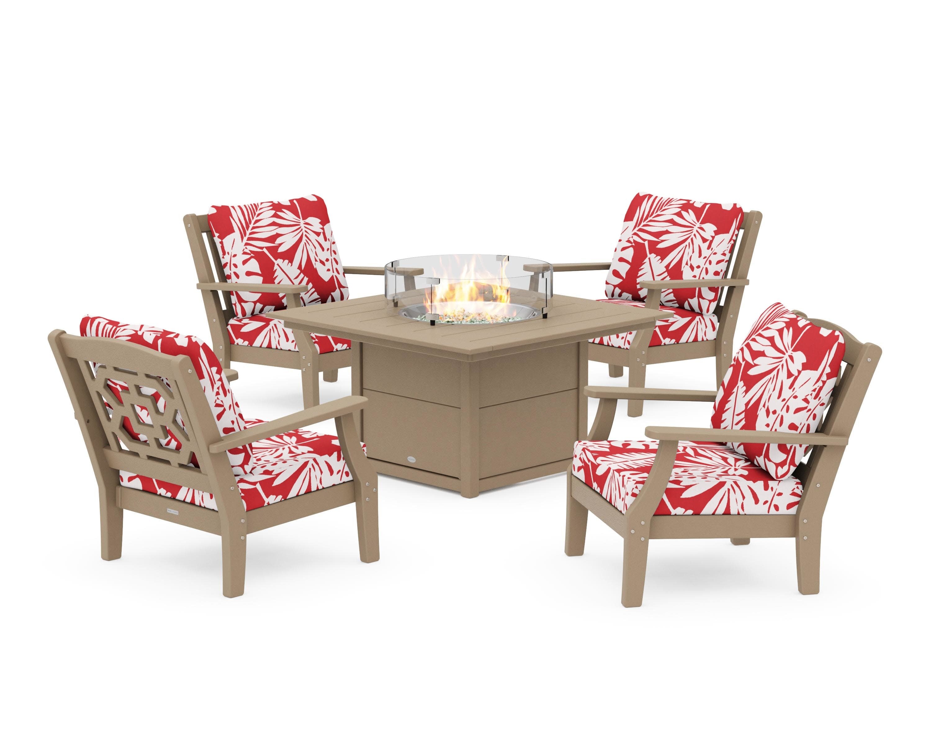 Chinoiserie 5-Piece Deep Seating Set with Fire Pit Table in Vintage Sahara / Leaf Crimson