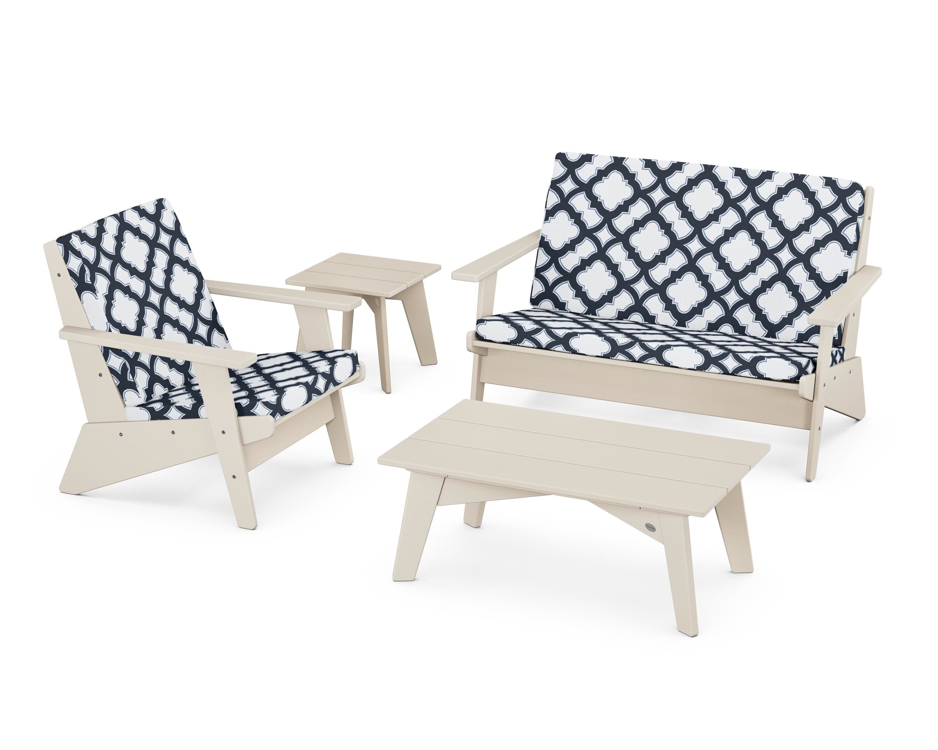 Riviera Modern Lounge 4-Piece Set in Sand / Trellis Marine Indigo