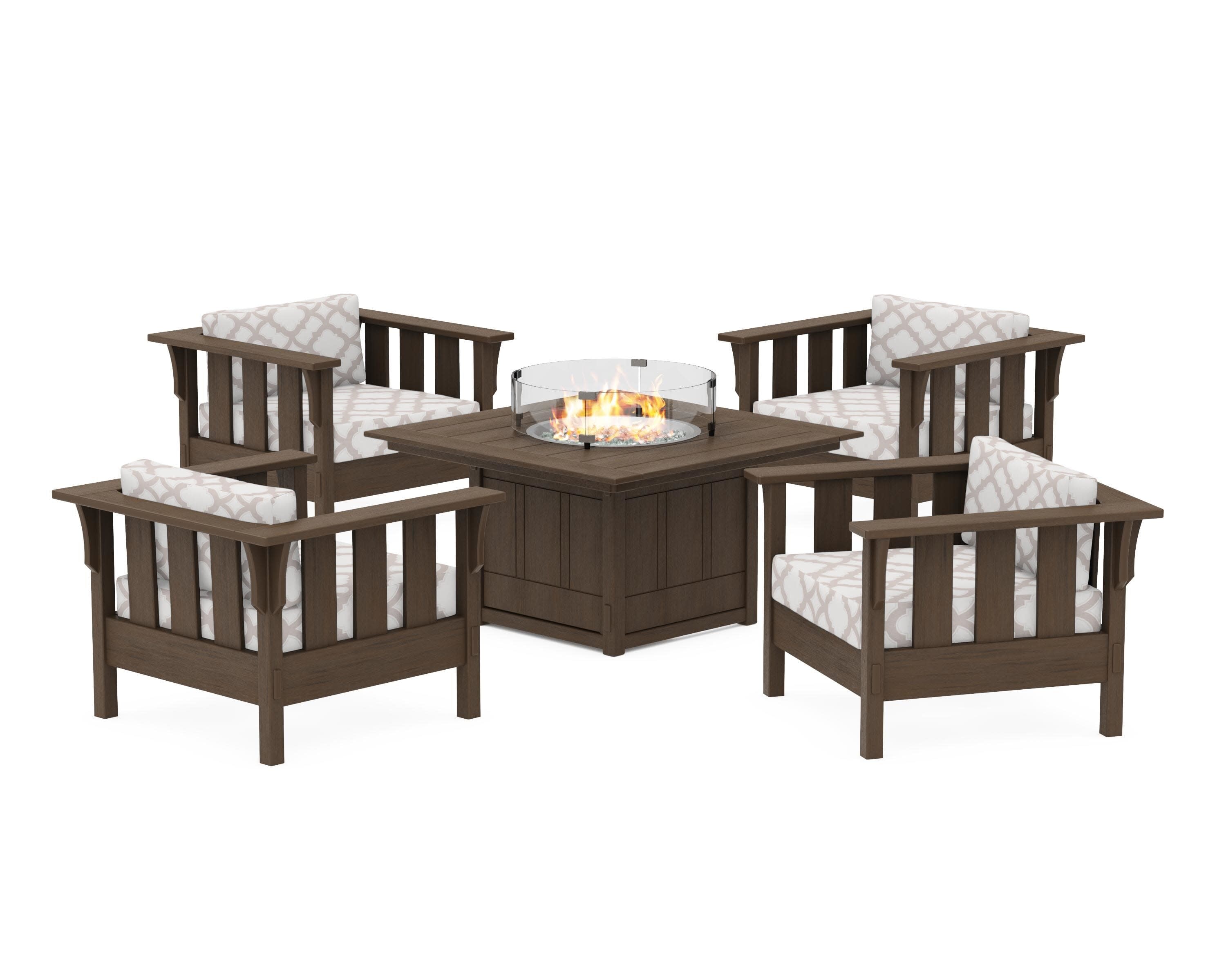 Acadia 5-Piece Deep Seating Set with Fire Pit Table in Kona / Trellis Dune Burlap