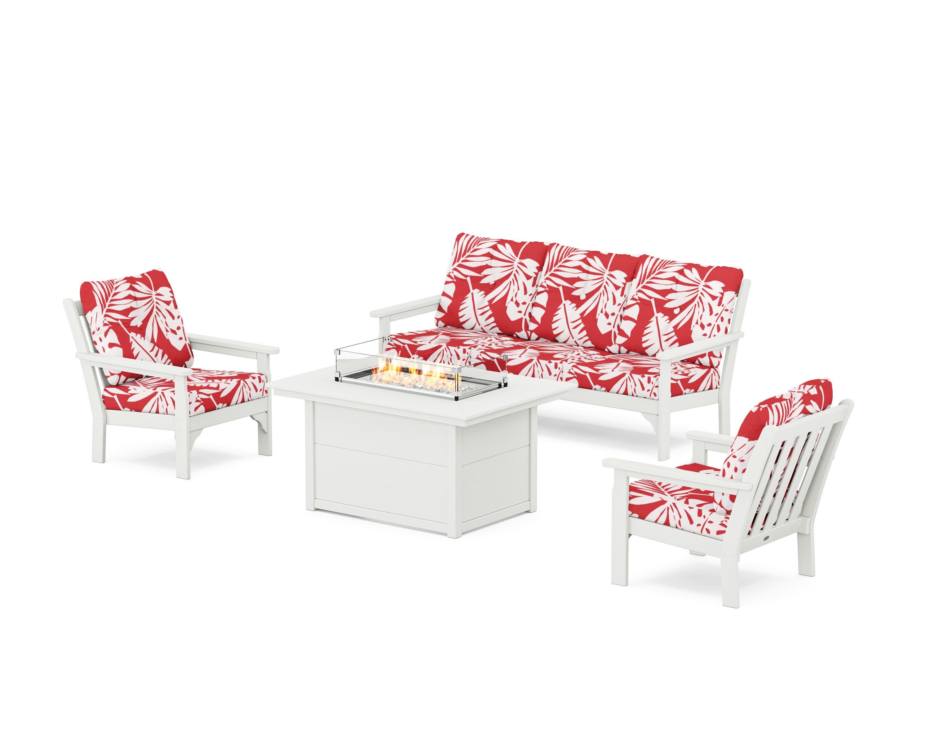 Vineyard Deep Seating Fire Pit Table Set in Vintage White / Leaf Crimson