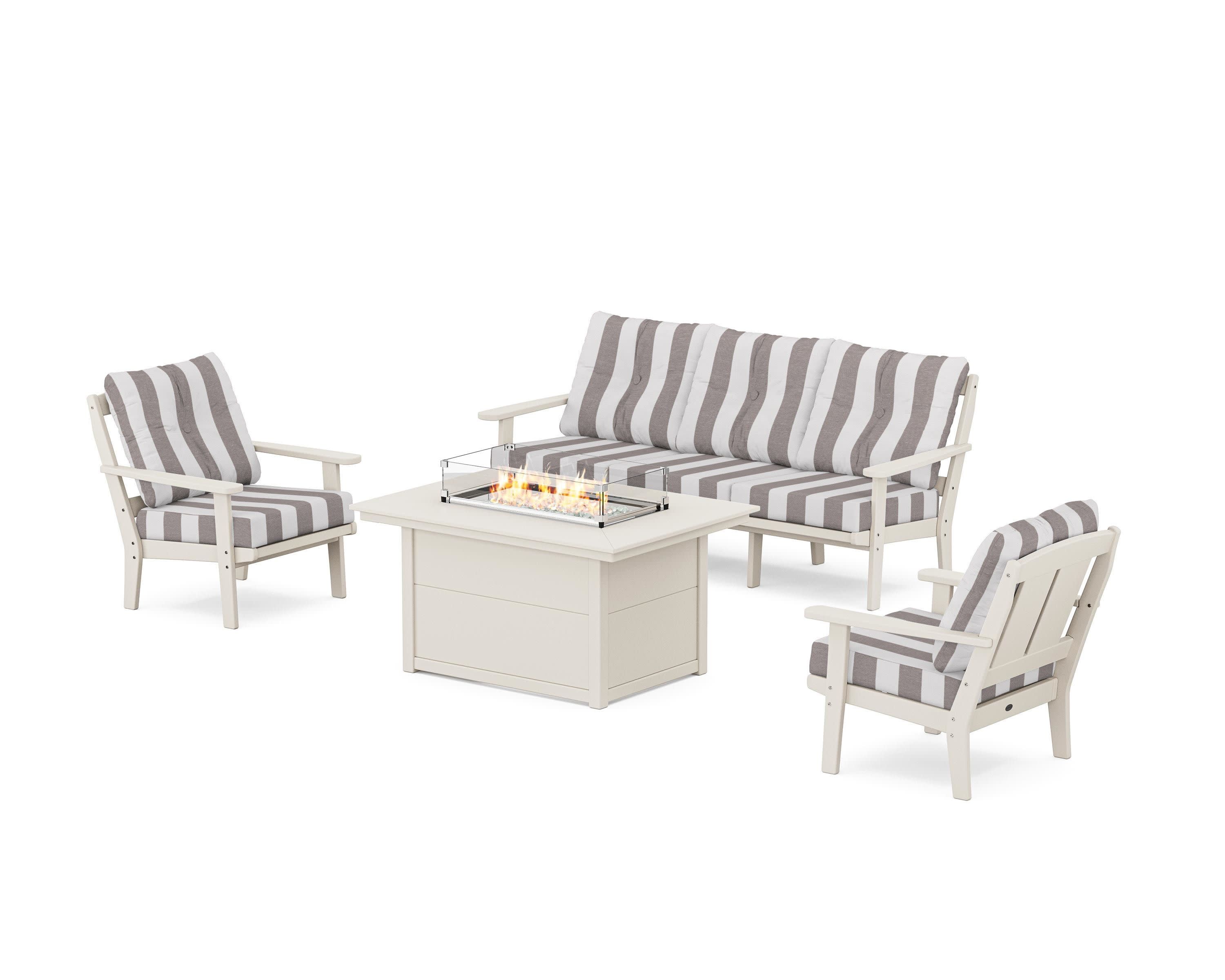 Mission Deep Seating Fire Pit Table Set in Sand / Cabana Stripe Grey Mist