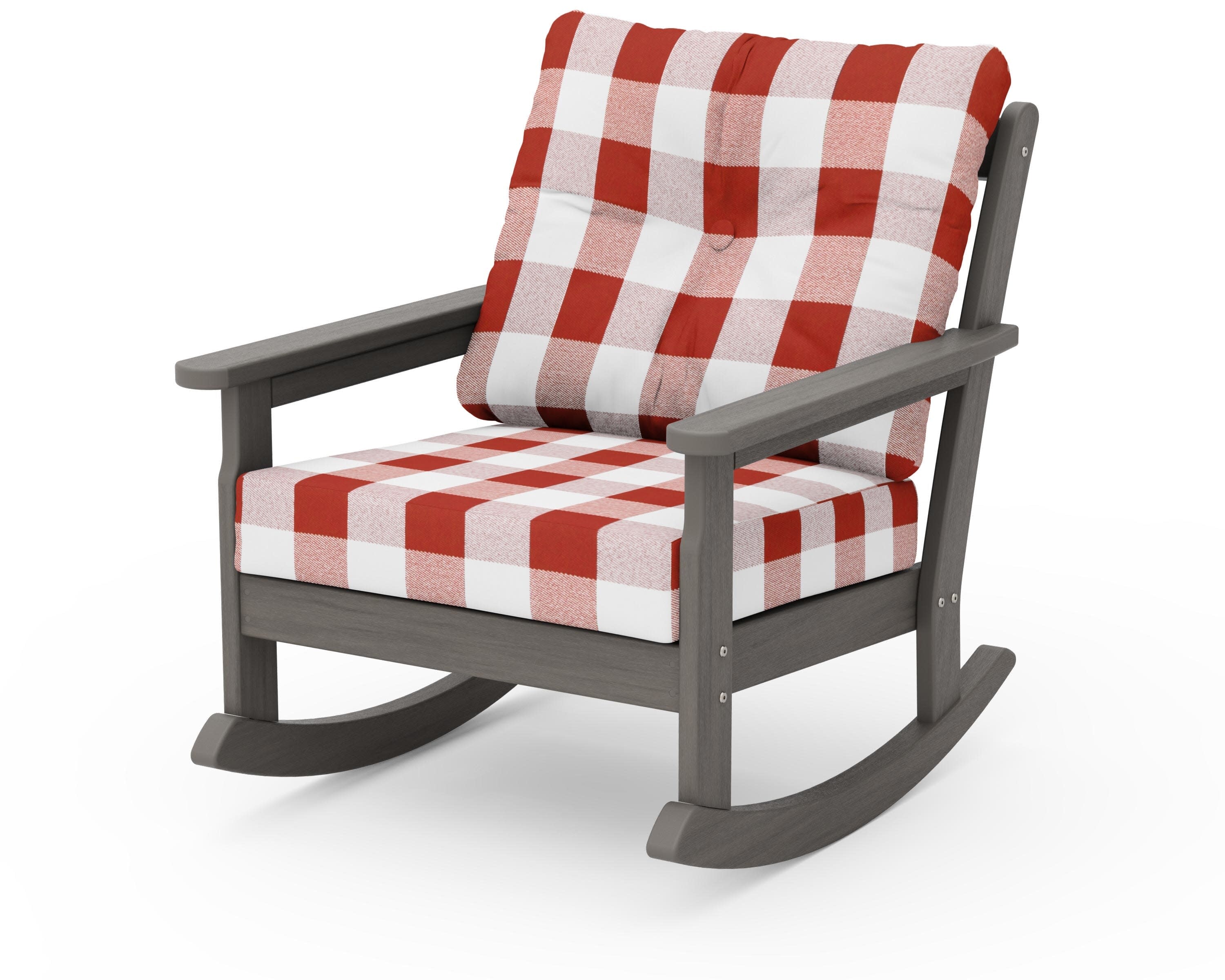 Vineyard Deep Seating Rocking Chair in Driftwood / Buffalo Plaid Crimson