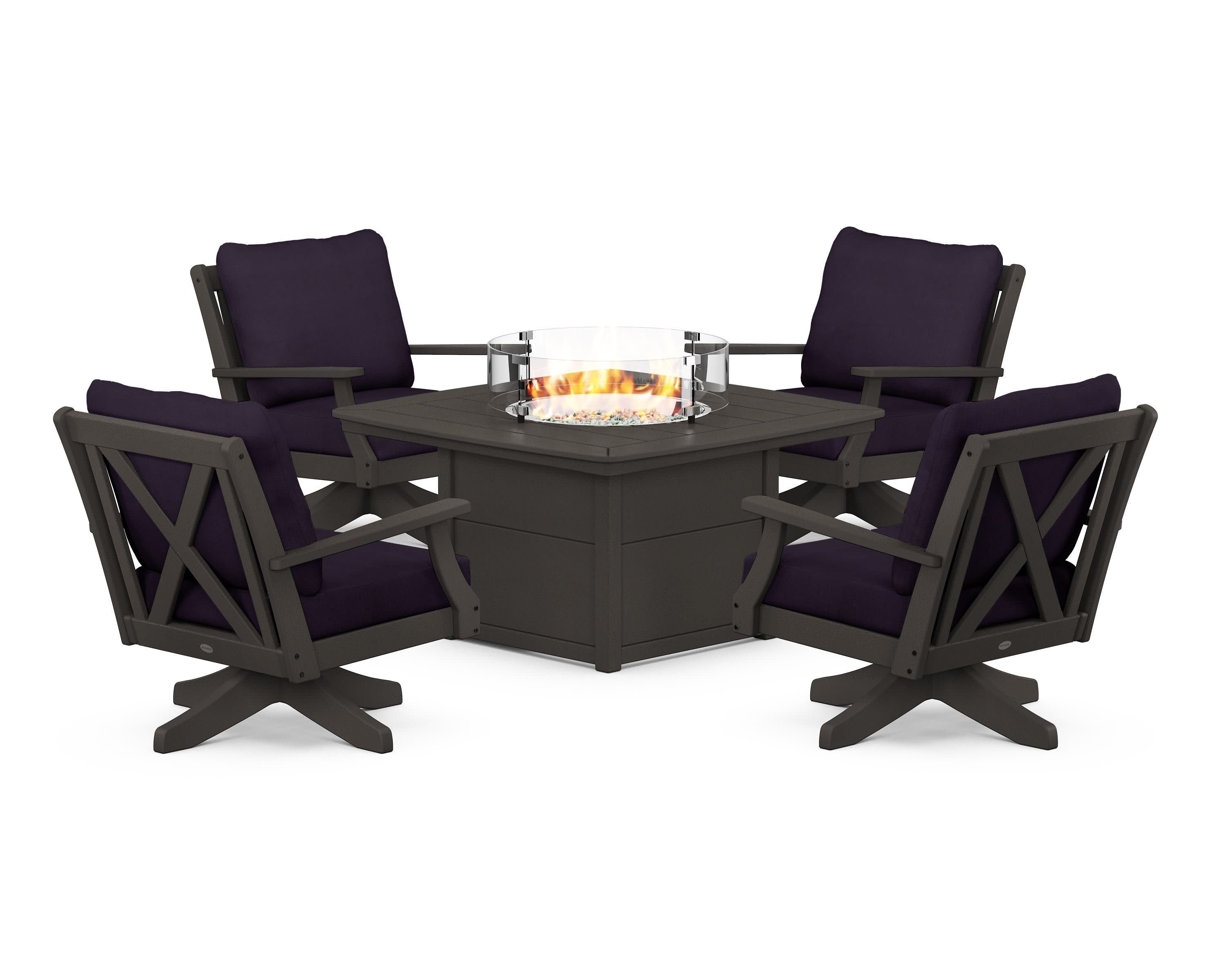 Braxton 5-Piece Deep Seating Swivel Conversation Set with Fire Pit Table in Vintage Coffee / Navy Linen