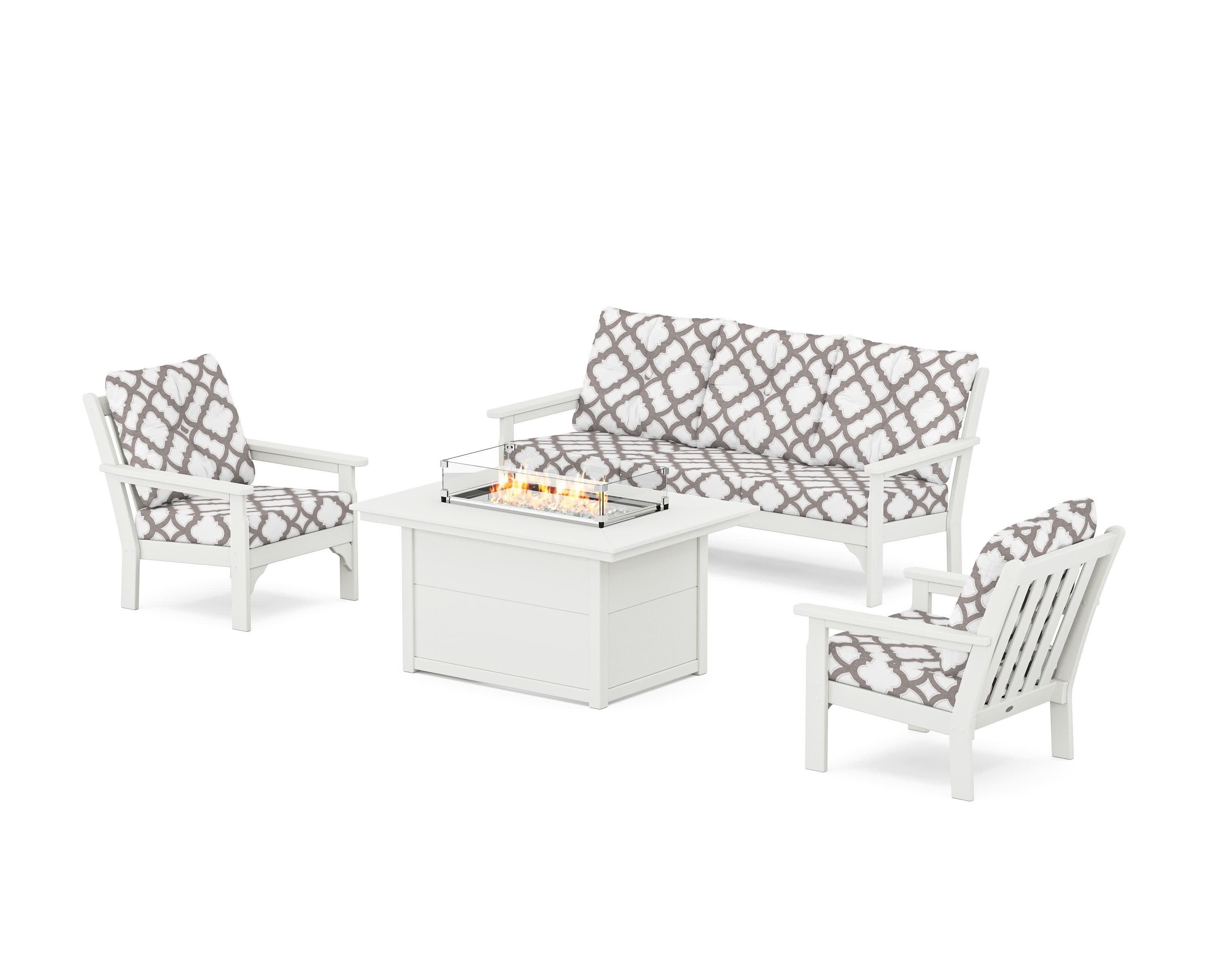Vineyard Deep Seating Fire Pit Table Set in Vintage White / Trellis Grey Mist