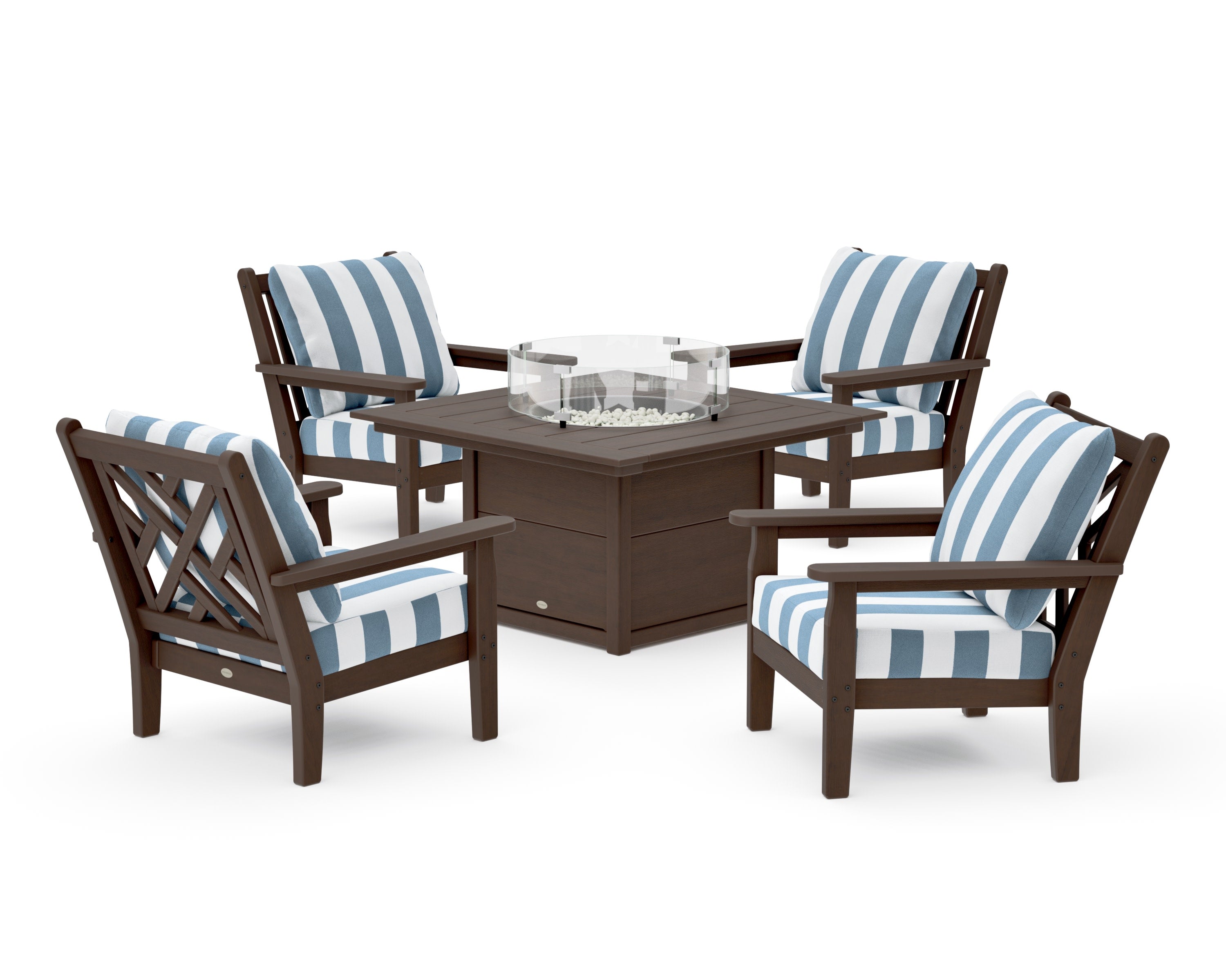 Chippendale 5-Piece Deep Seating Set with Fire Pit Table in Kona / Cabana Stripe Sky Blue