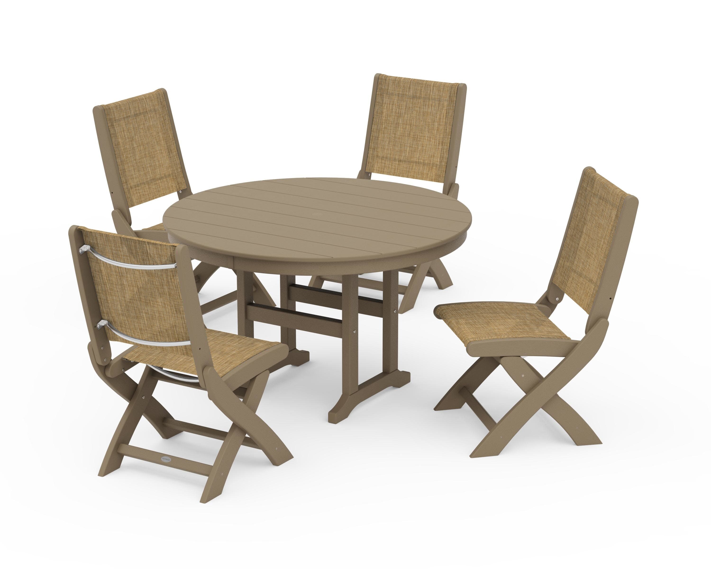 Coastal Folding Side Chair 5-Piece Round Dining Set in Vintage Sahara / Burlap Sling