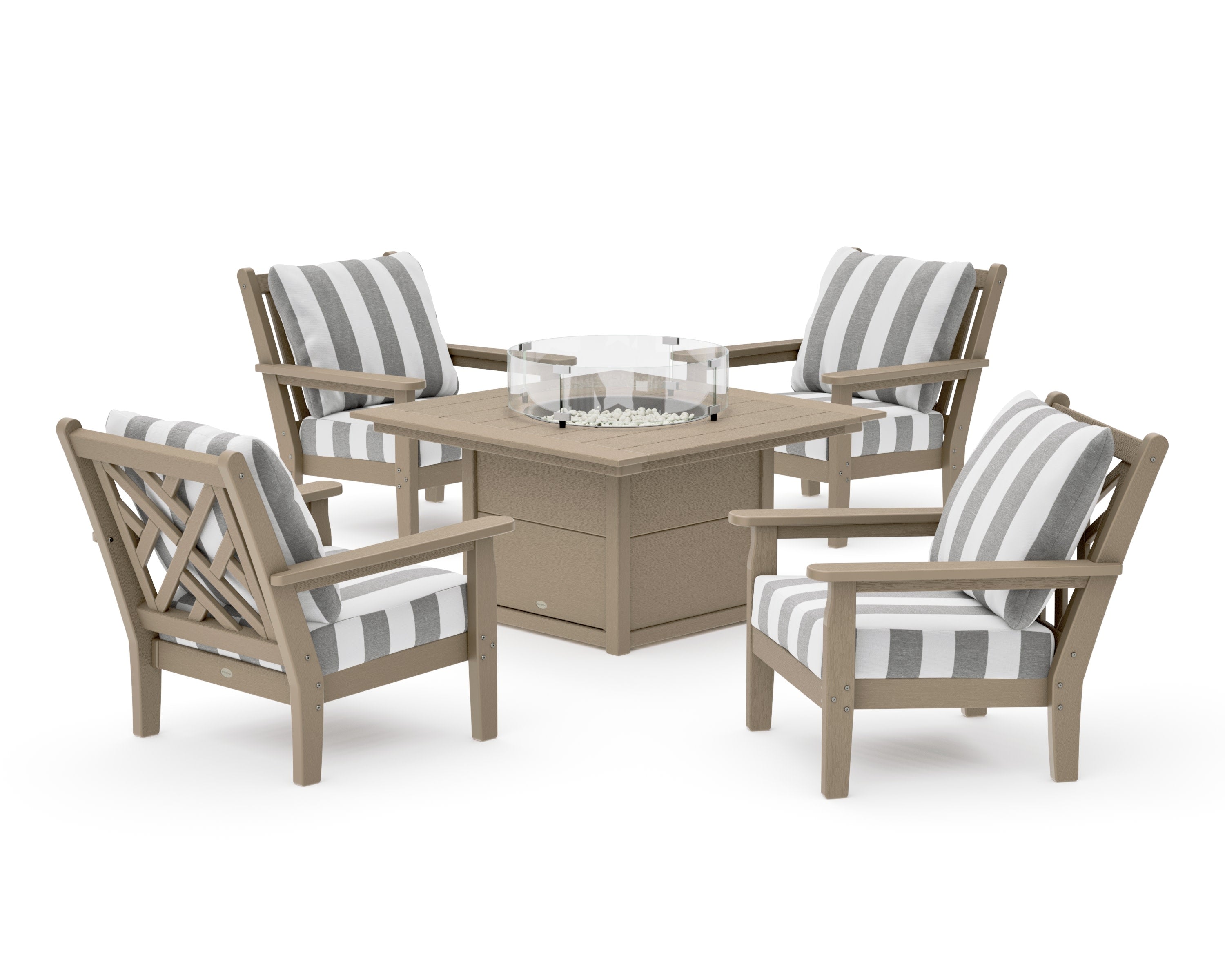 Chippendale 5-Piece Deep Seating Set with Fire Pit Table in Vintage Sahara / Cabana Stripe Grey Mist