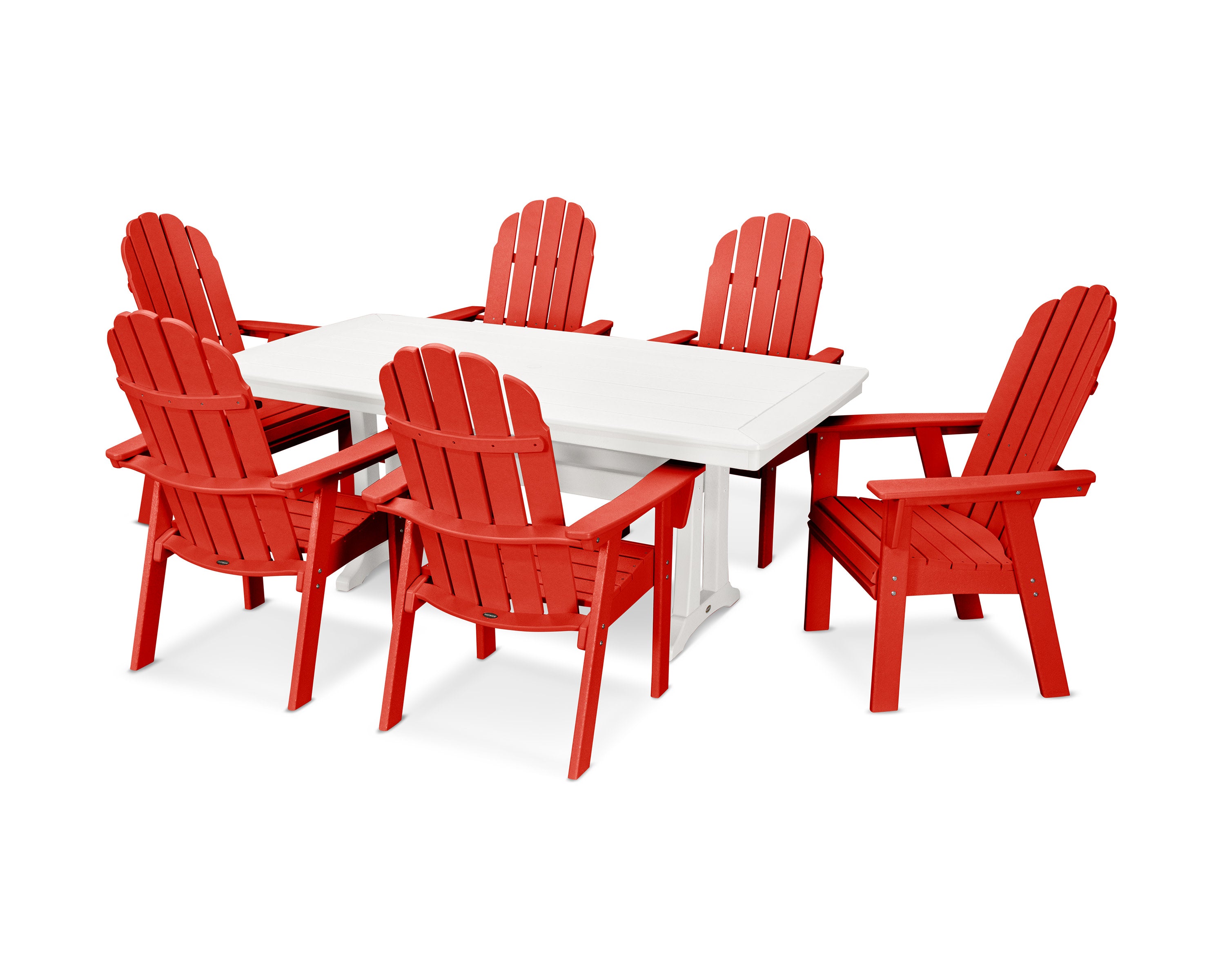 Vineyard Curveback Adirondack 7-Piece Dining Set with Trestle Legs in Sunset Red / White