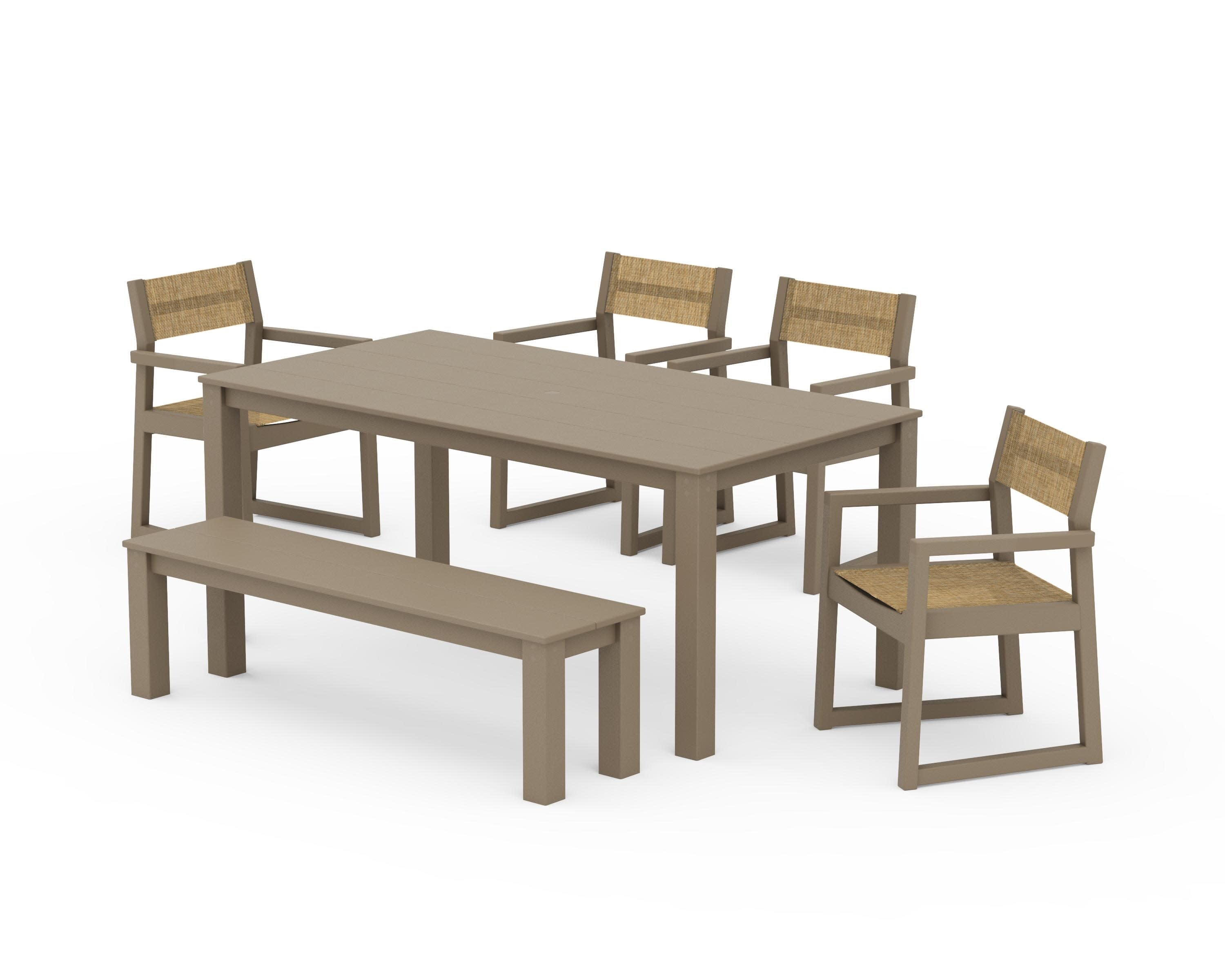 EDGE Sling Arm Chair 6-Piece Parsons Dining Set with Bench in Vintage Sahara / Burlap Sling