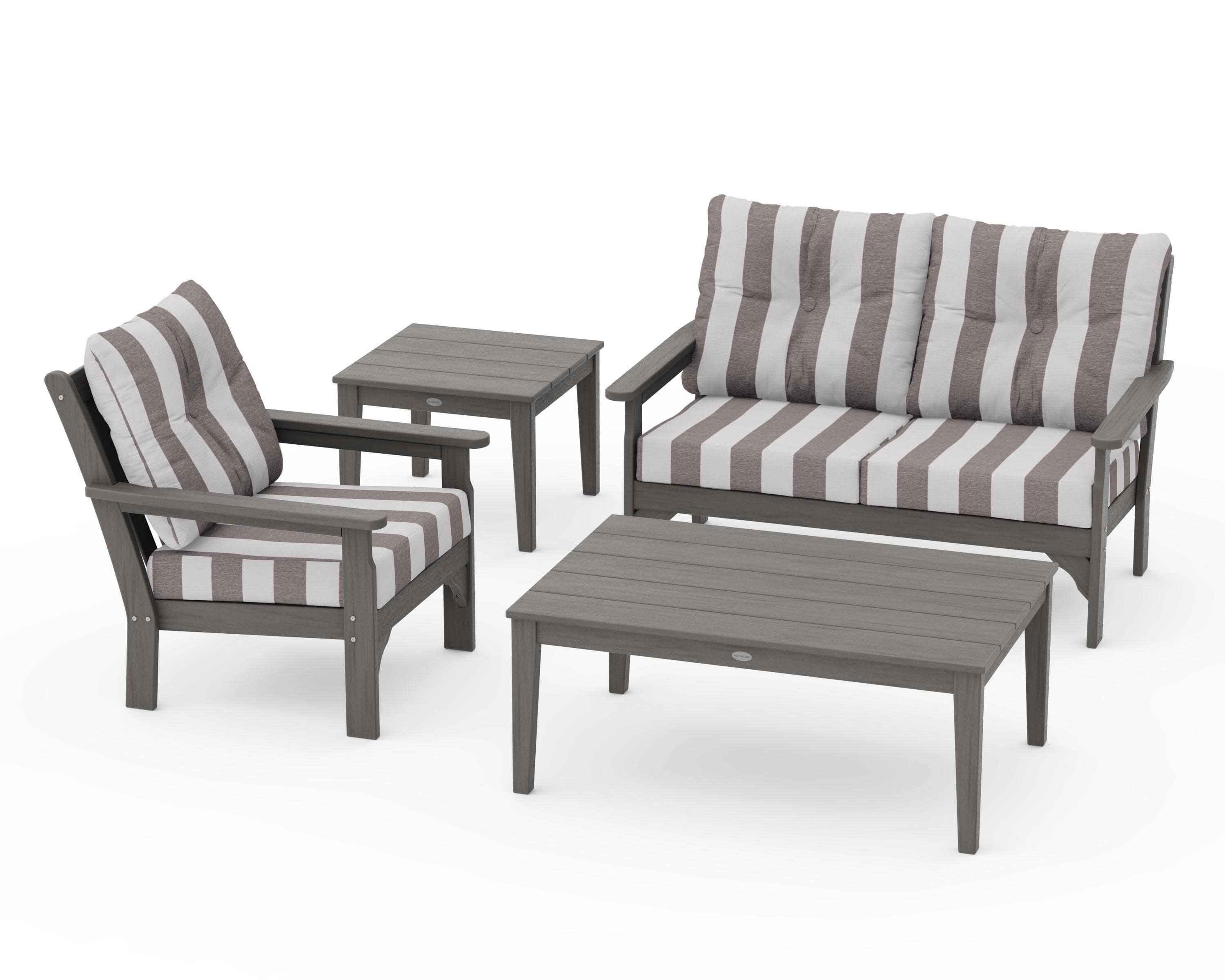 Vineyard 4-Piece Deep Seating Set in Driftwood / Cabana Stripe Grey Mist