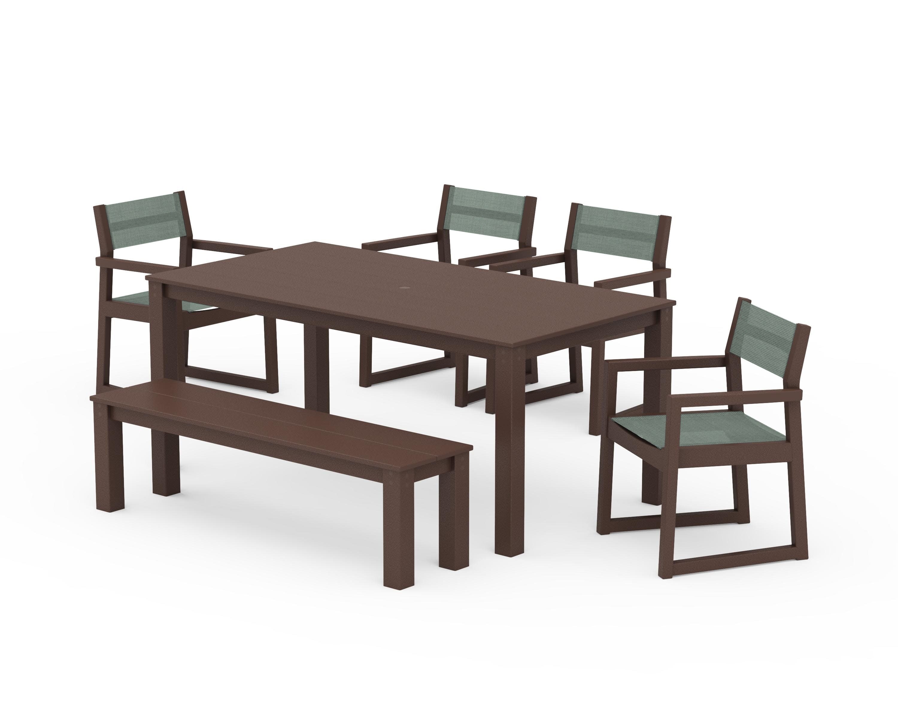 EDGE Sling Arm Chair 6-Piece Parsons Dining Set with Bench in Mahogany / Dupioni Sea Mist Sling