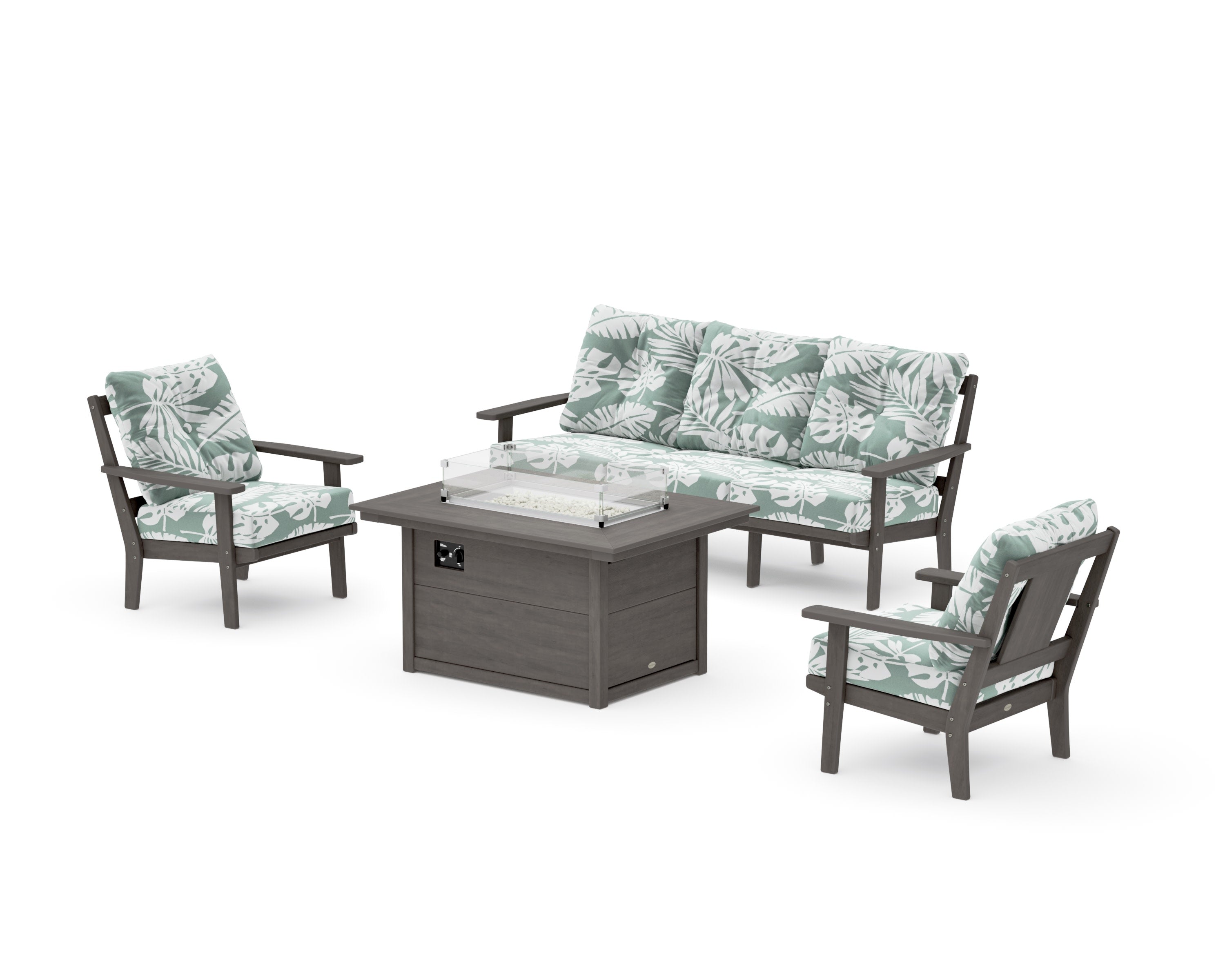 Prairie Deep Seating Fire Pit Table Set in Driftwood / Leaf Glacier Spa