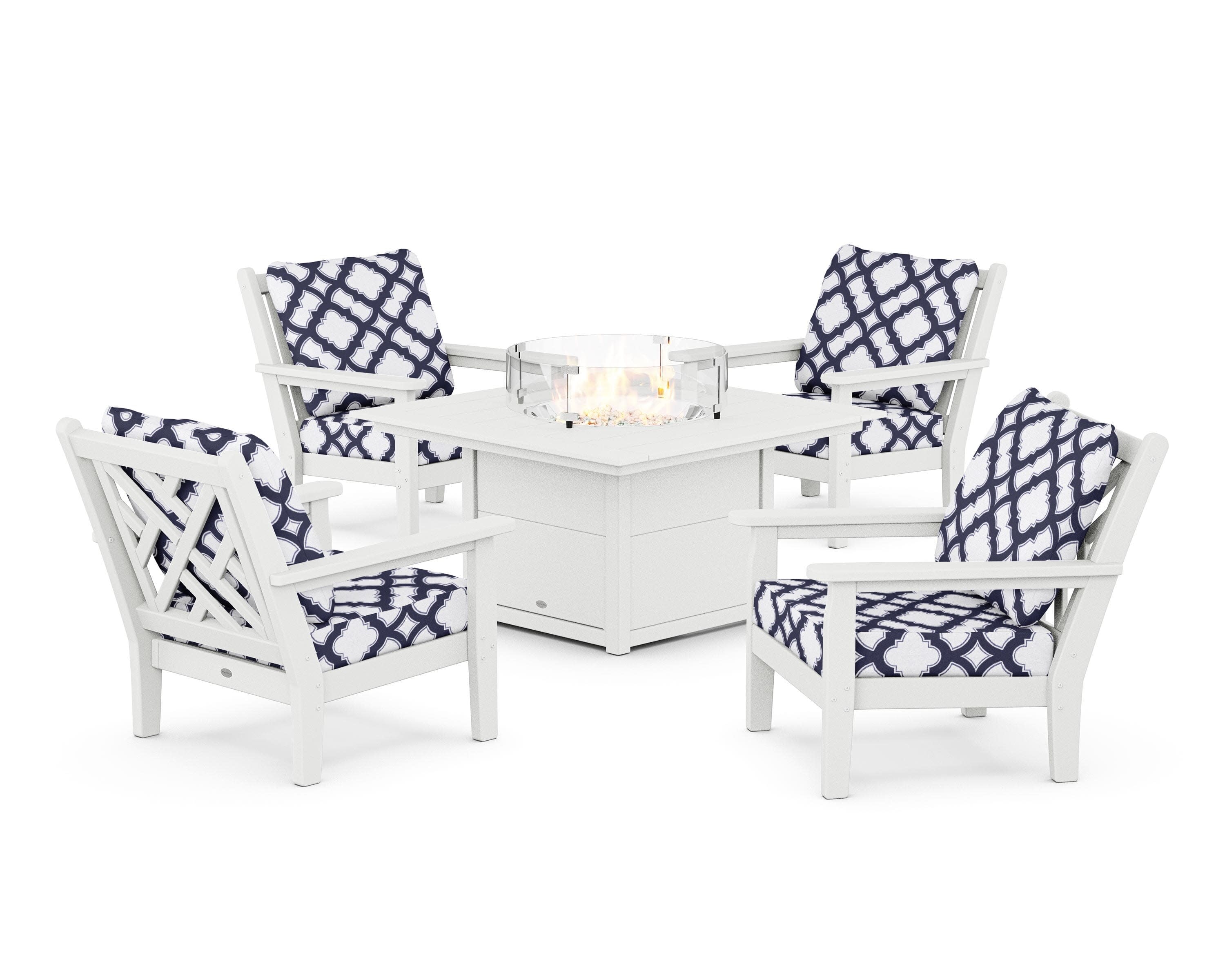 Chippendale 5-Piece Deep Seating Set with Fire Pit Table in White / Trellis Navy